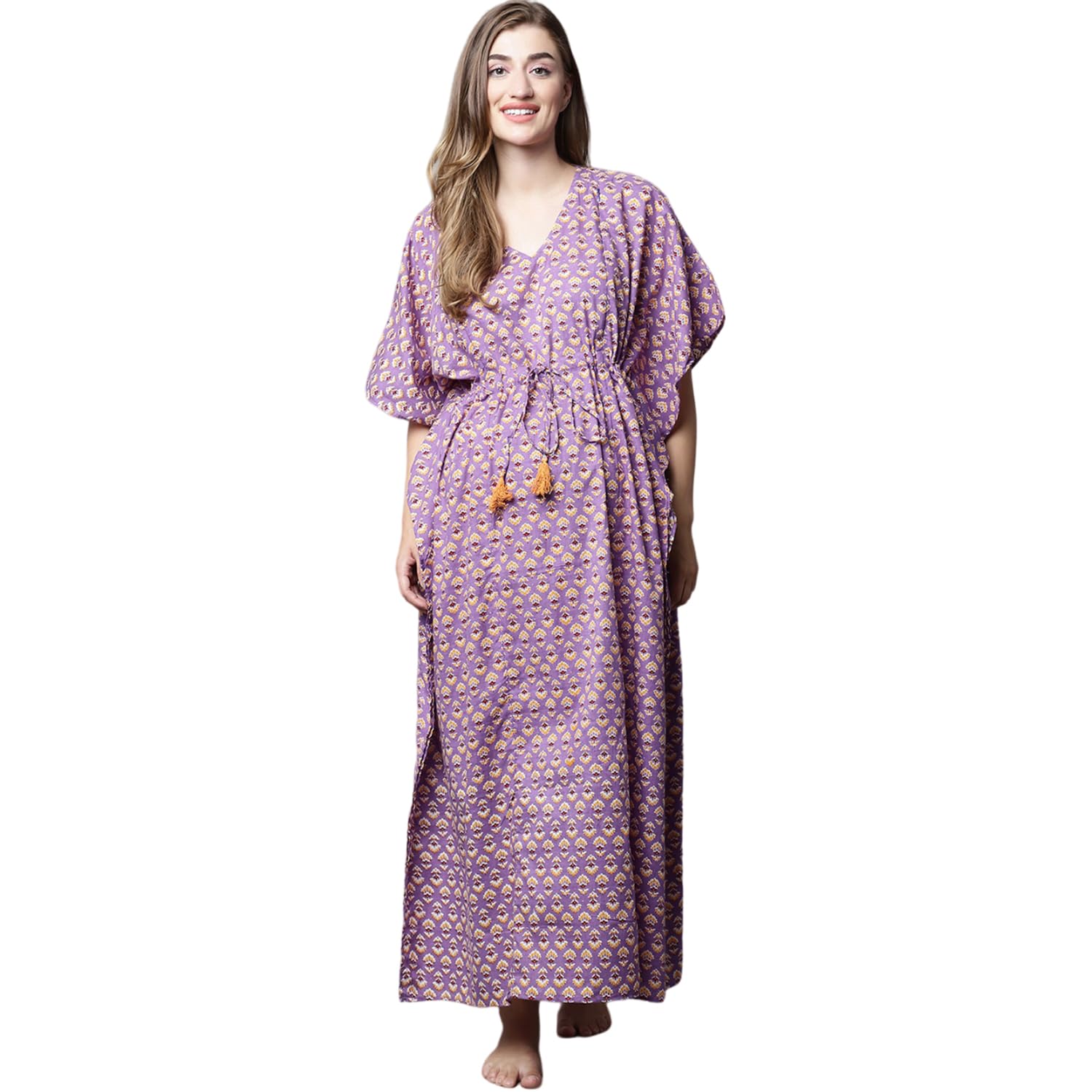 secret wish Women Cotton Ankle Length Floral Maternity Kaftan (Purple & Yellow)-picture-11