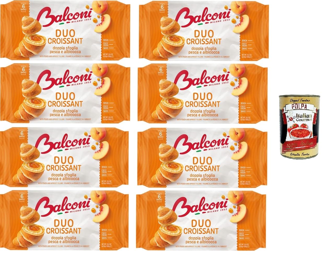 Balconi- Croissant DUO Pesca e Albicocca Doppelschichtiges Schokoladen-Croissant DUO Pfirsich und Aprikose 8x 300gr + Italian Gourmet polpa 400g