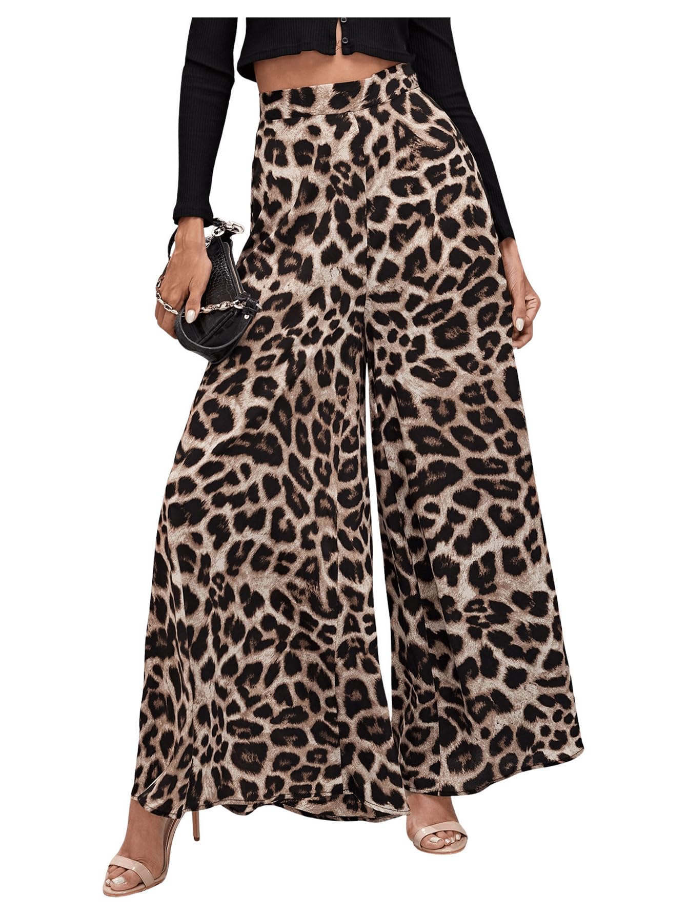 MakeMeChic Womens Leopard Print Wide Leg Palazzo Pants Straight Loose Long Trousers