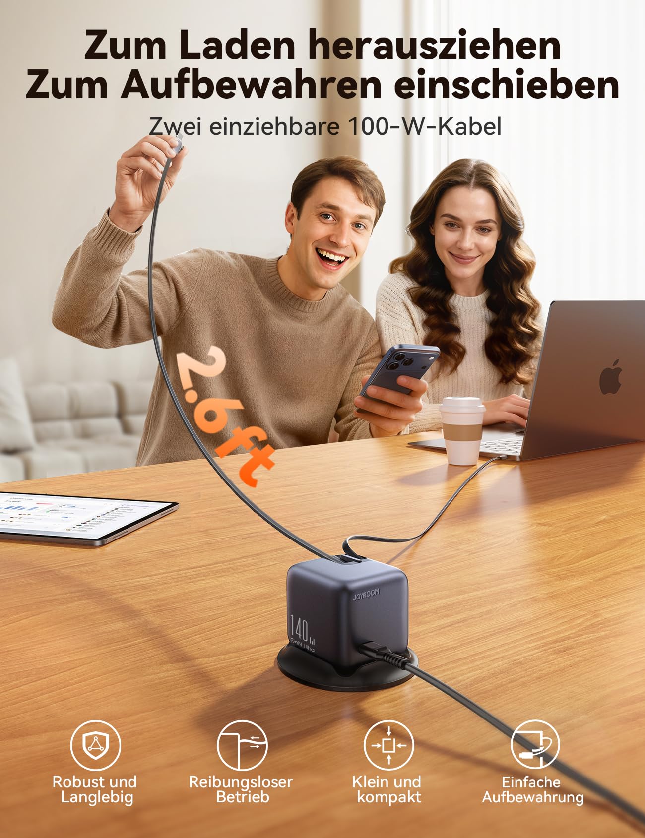 JOYROOM PODIX 140W 5‑in‑1 GaN Ultra Ladelstation, USB‑C Schnellladegerät mit 2 retraktablen 100W Kabeln (80 cm), 1,54" Smart LCD‑Anzeige, kompatibel mit MacBook, iPhone, Samsung | Für Büro & Zuhause
