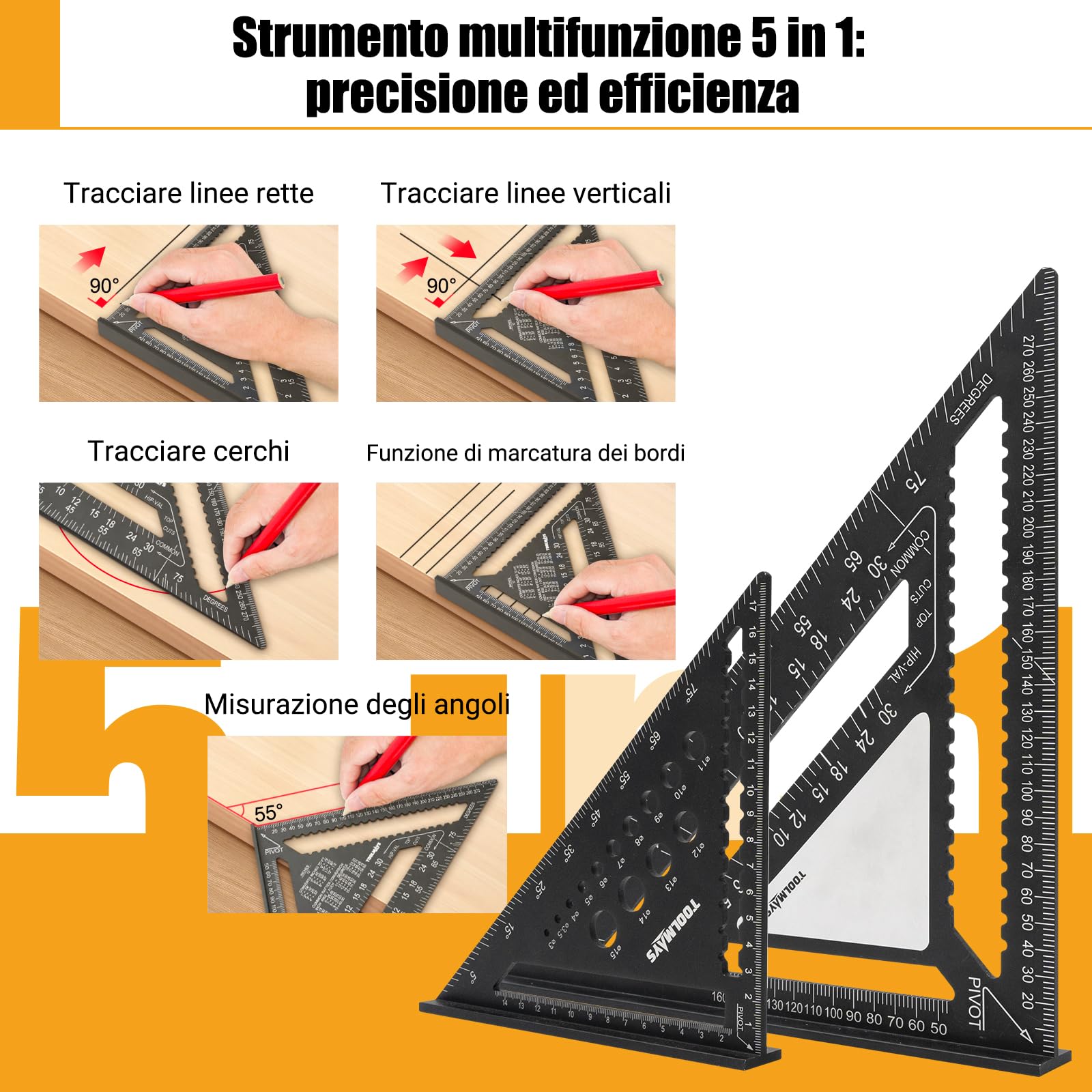 Squadra da falegname Set 180mm & 300mm, goniometro di precisione con zona per appunti cancellabile, squadre in alluminio da 45 e 90 gradi per disegnare, misurare e controllare con precisione