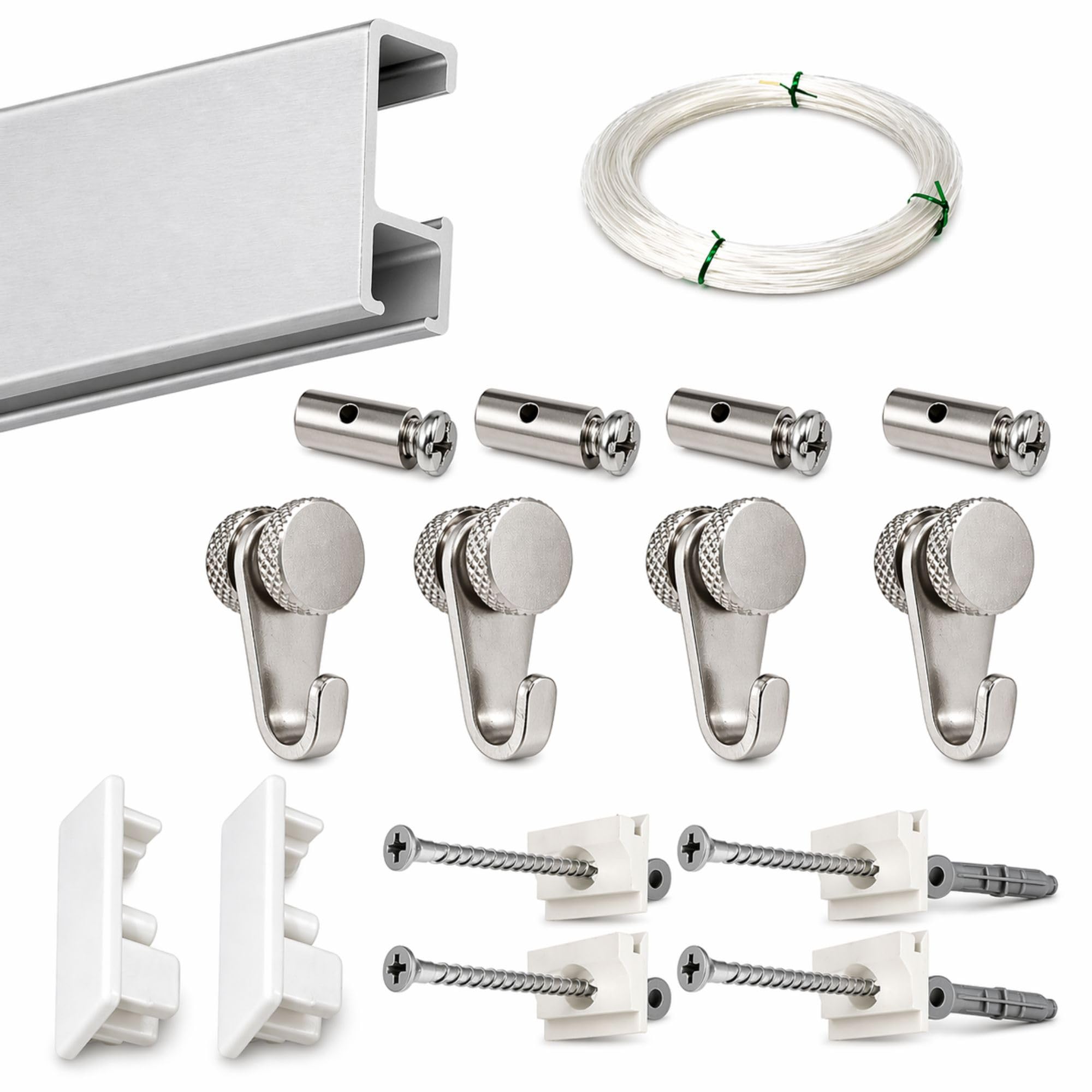 Pack Basic RM de 150cm Guías de Aluminio para Colgar Cuadros (Plata Mate) con 4 colgadores Nylon