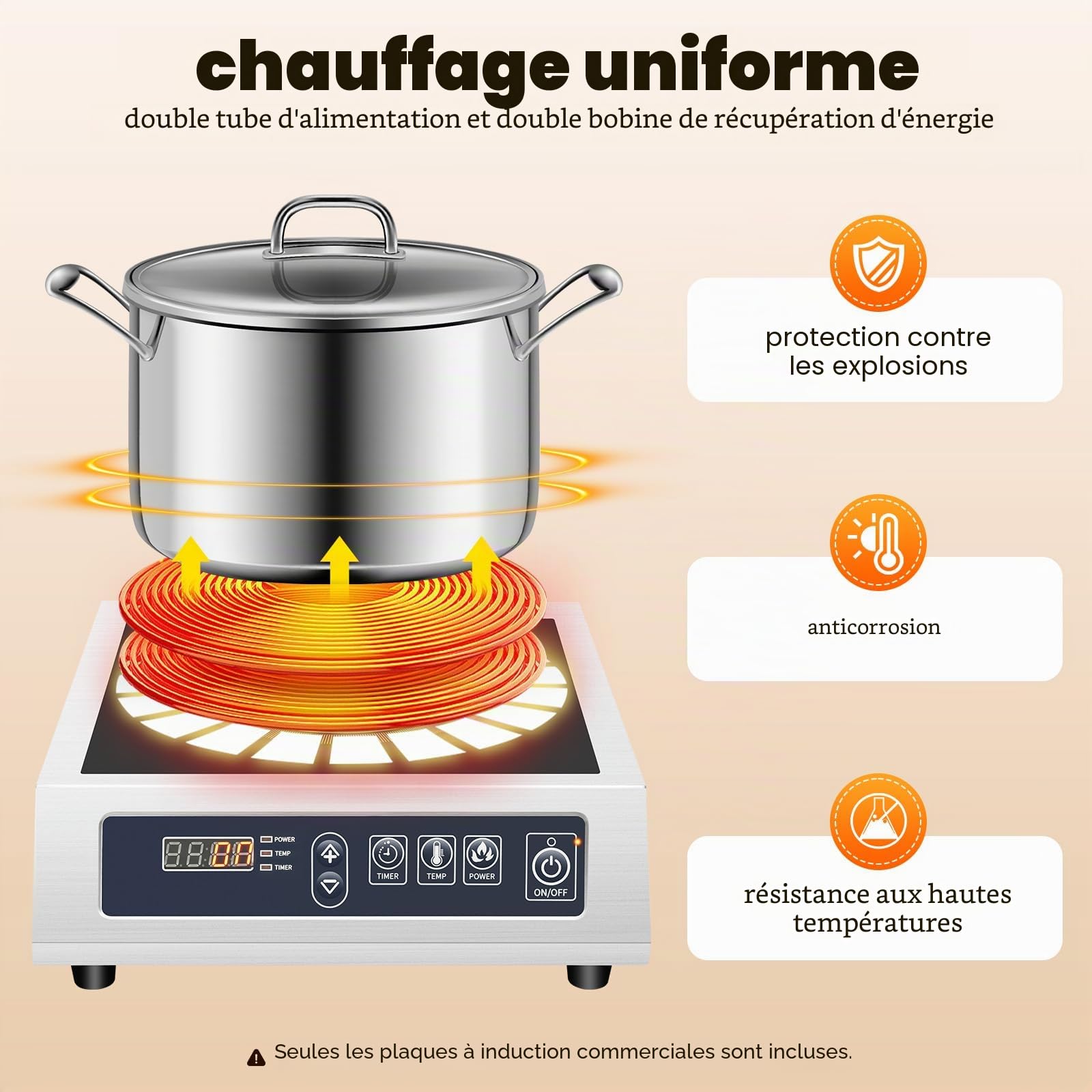 Plaque de cuisson à induction commerciale 3500 W – 11 niveaux de puissance, affichage LED, détection automatique des casseroles, plaque de cuisson professionnelle en acier inoxydable avec bobine en