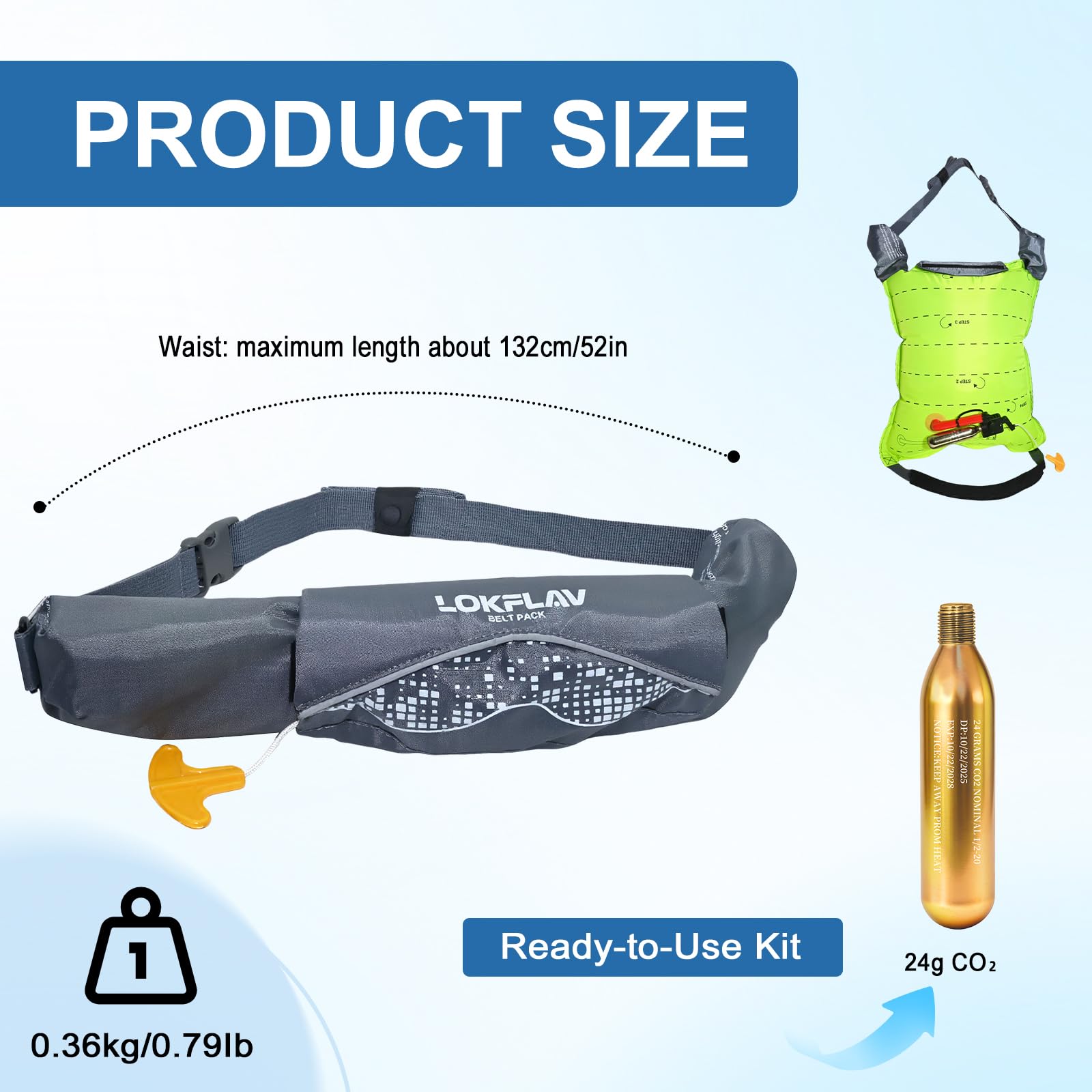 Cinturón inflable manual PFD para adultos con cartucho de CO2, se adapta a cintura de 30 a 52 pulgadas, peso de 80 a 330 libras, flotabilidad de 130 N, ideal para kayak, pesca, vela y todos