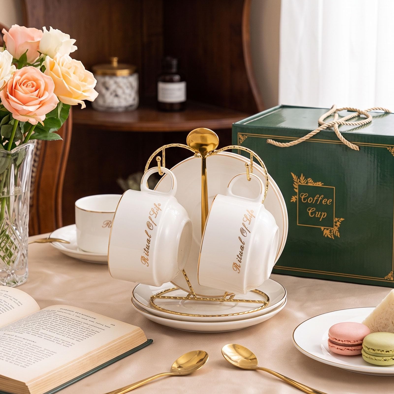 Tasse à Café avec Sous-Tasses et Cuillères, Set de 2 Tasses avec