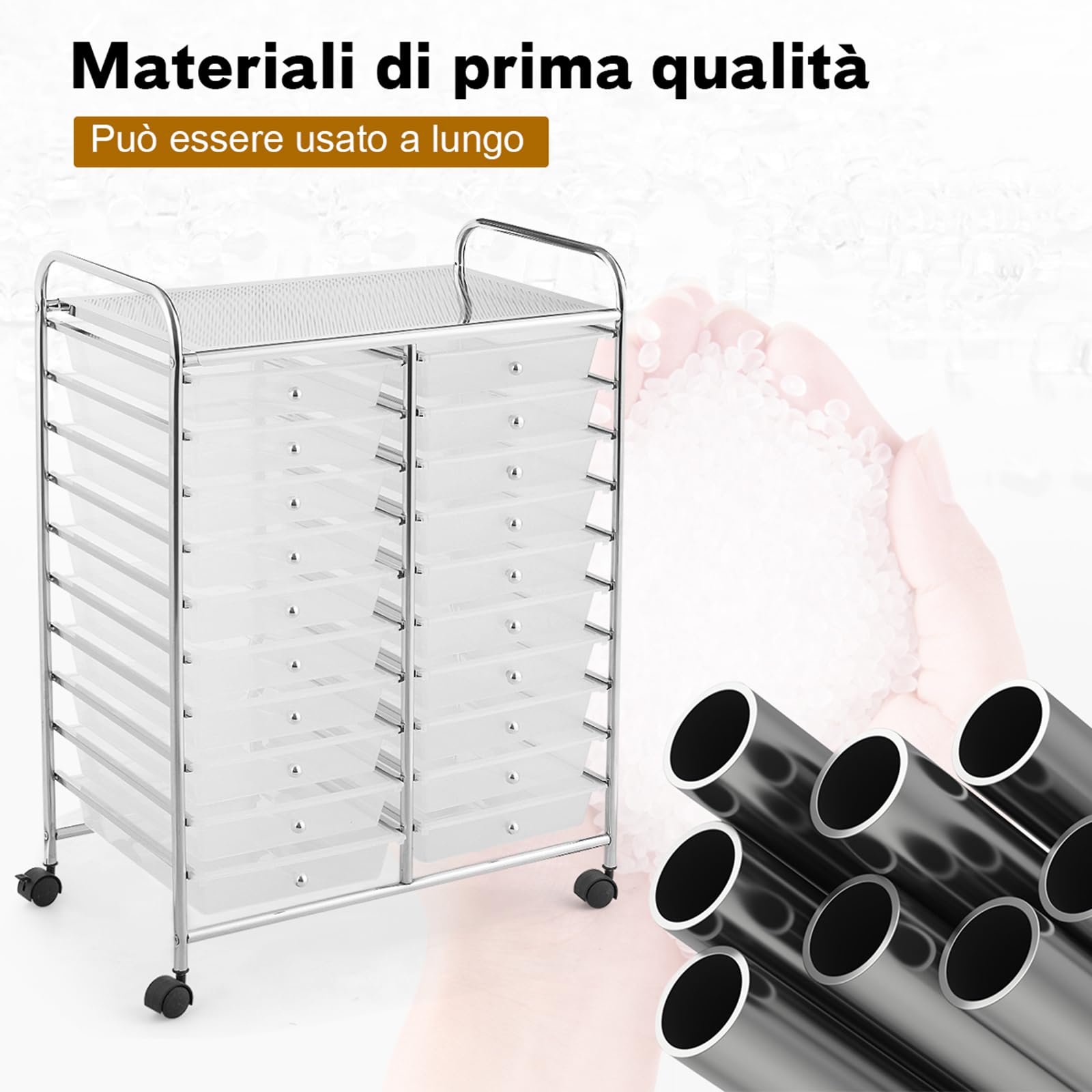 COSTWAY Carrello di Stoccaggio con 20 Cassetti, Carrello portaoggetti con 4 Ruote, Carrello Multiuso per Scuola Ufficio Cucina, 64 x 39 x 88 cm (Trasparente)