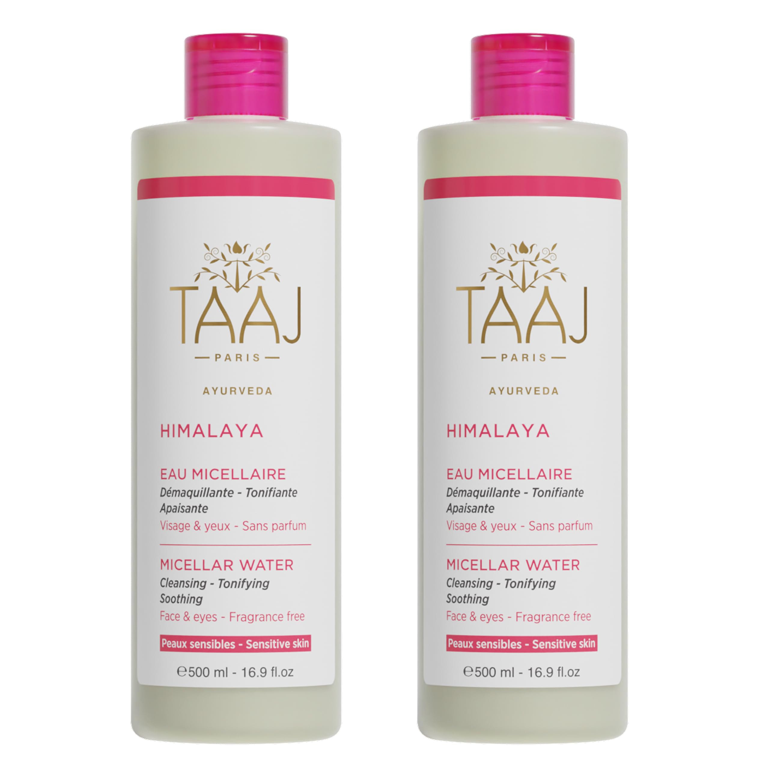 TAAJ | Eau Micellaire Hymalaya | Nettoie et Démaquille | Élimine les Impuretés | Peau Parfaitement Douce et Souple | Peaux sensibles | Fabriqué en France | Végan | Cruelty Free | 2x500ML