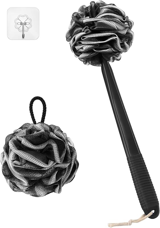 Escova corporal para banho ROLIZOE com cabo plástico de 43,89 cm, esponja de banho e esponja com cabo, preta com borda branca