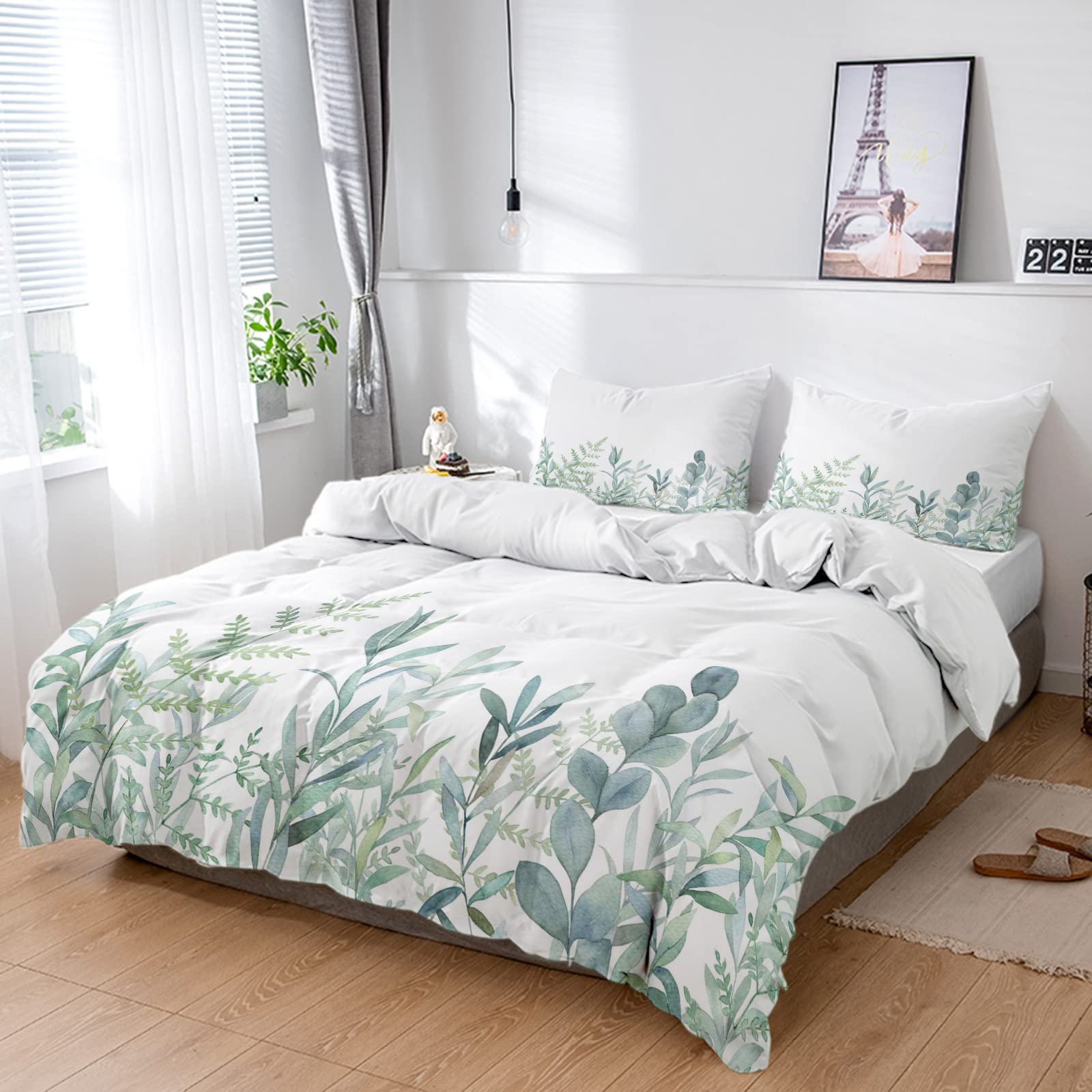Yun NistKing 4 Piece Bedding Set Summer Eucalyptus Leaf Green Leaves,Soft Breathable Duvet Cover and Pillowcase,Country Farm Plants on White Washable Bed Sheets for Bedroom Dormitory Guest Room