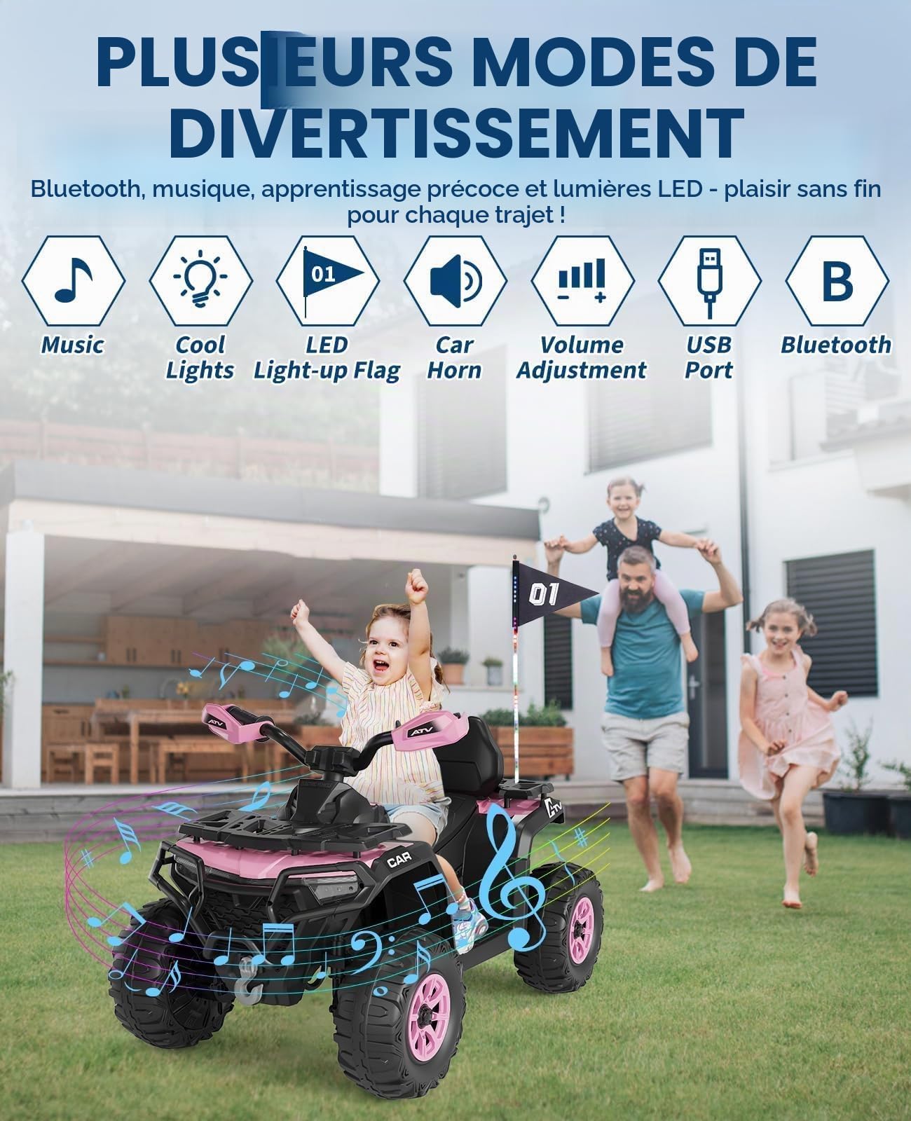12V Quad électrique pour Enfants, Mit 2X35 W Moteurs Puissants, Quad Enfant avec Musique, Télécommande,Klaxon et Lampe Frontale pour Enfant de 3 à 8 Ans