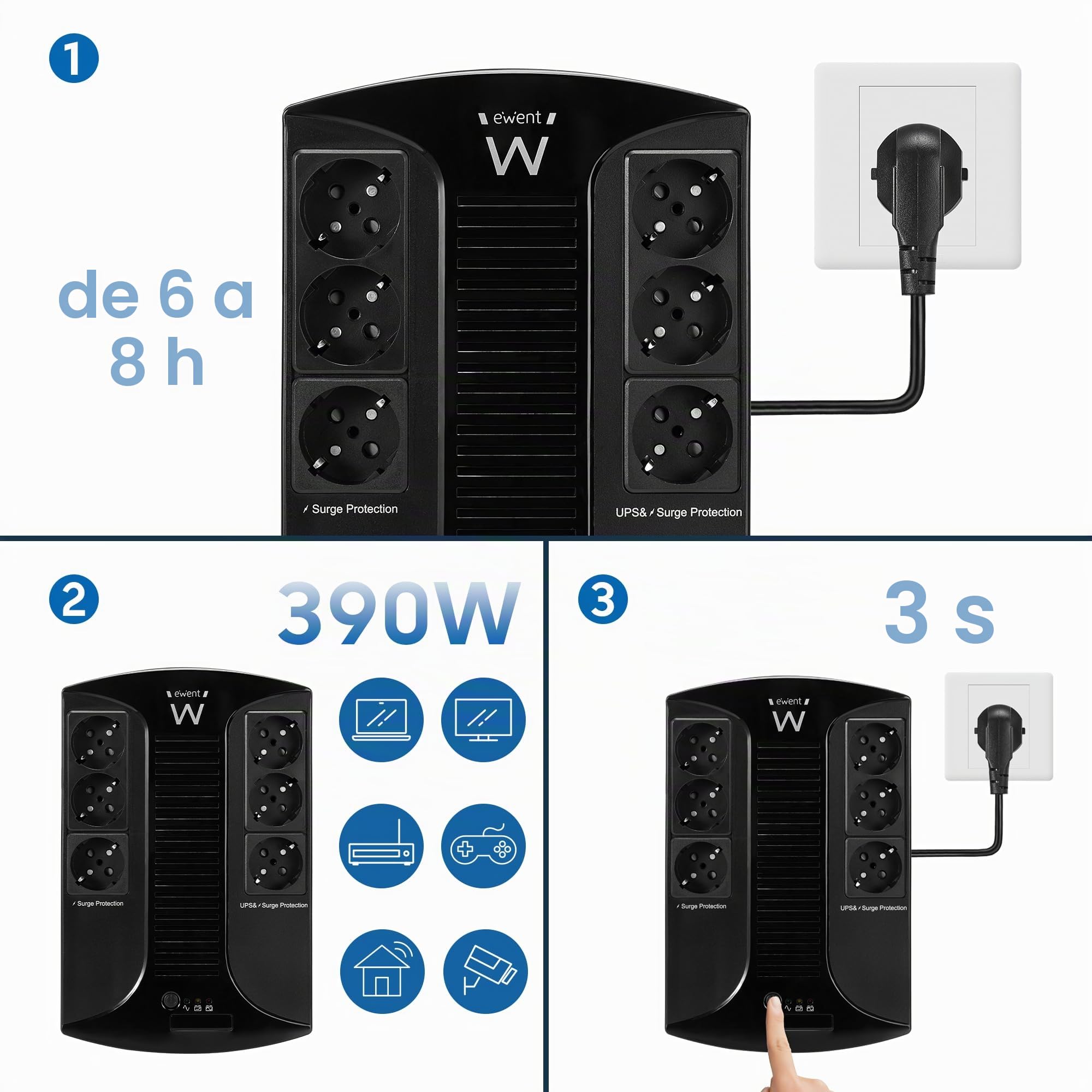 Ewent EW3945 SAI Sistema de Alimentación Ininterrumpida,SAI Line Interactive de 600VA,Fuente de alimentación de protección contra sobretensiones,AVR,Conexión a Tierra,6 Conectores de Salida Schuko
