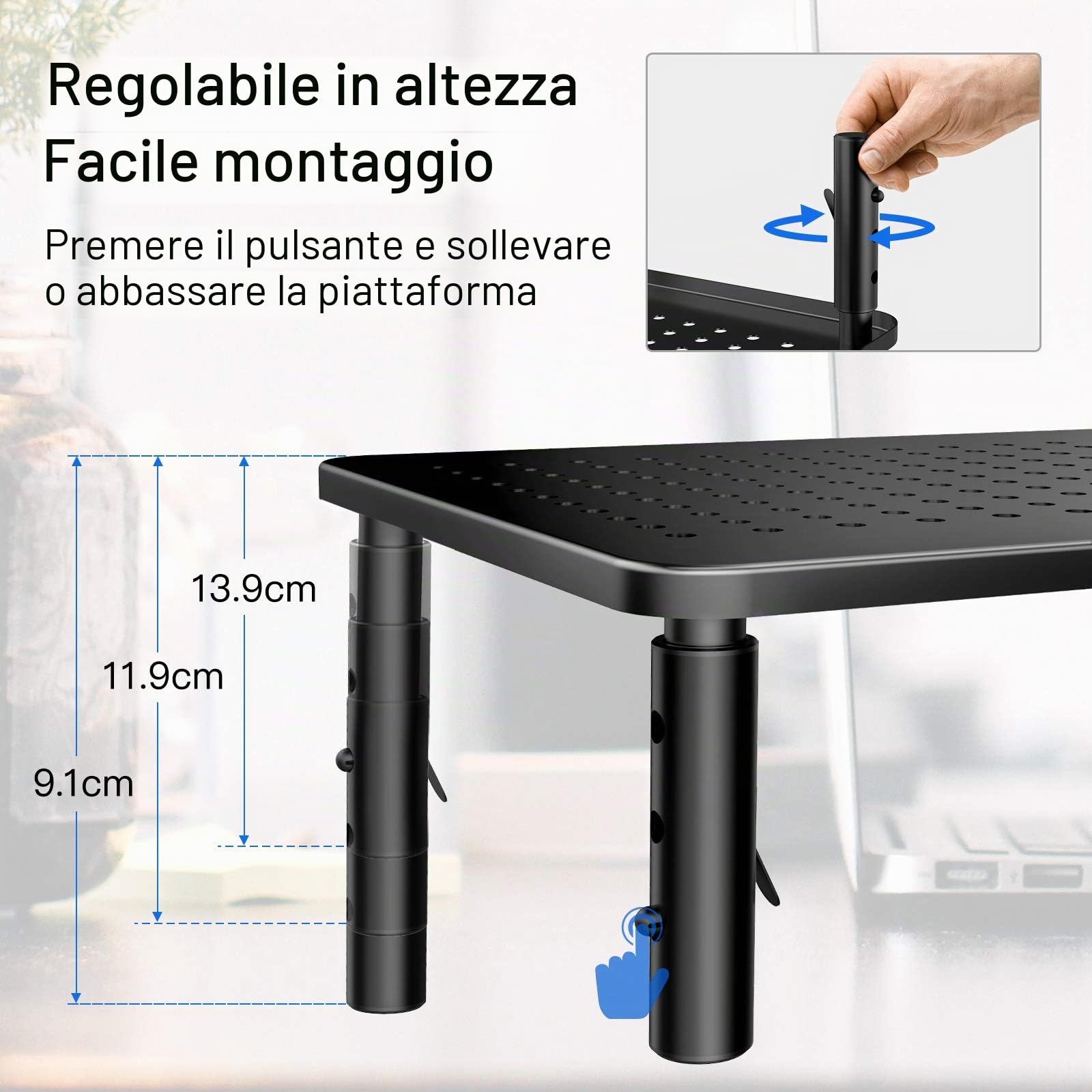 HUANUO Supporto per monitor - Supporto per computer portatile ergonomico e regolabile in 3 altezze con piattaforma a rete per laptop, computer, iMac, PC, stampante fino a 20 kg