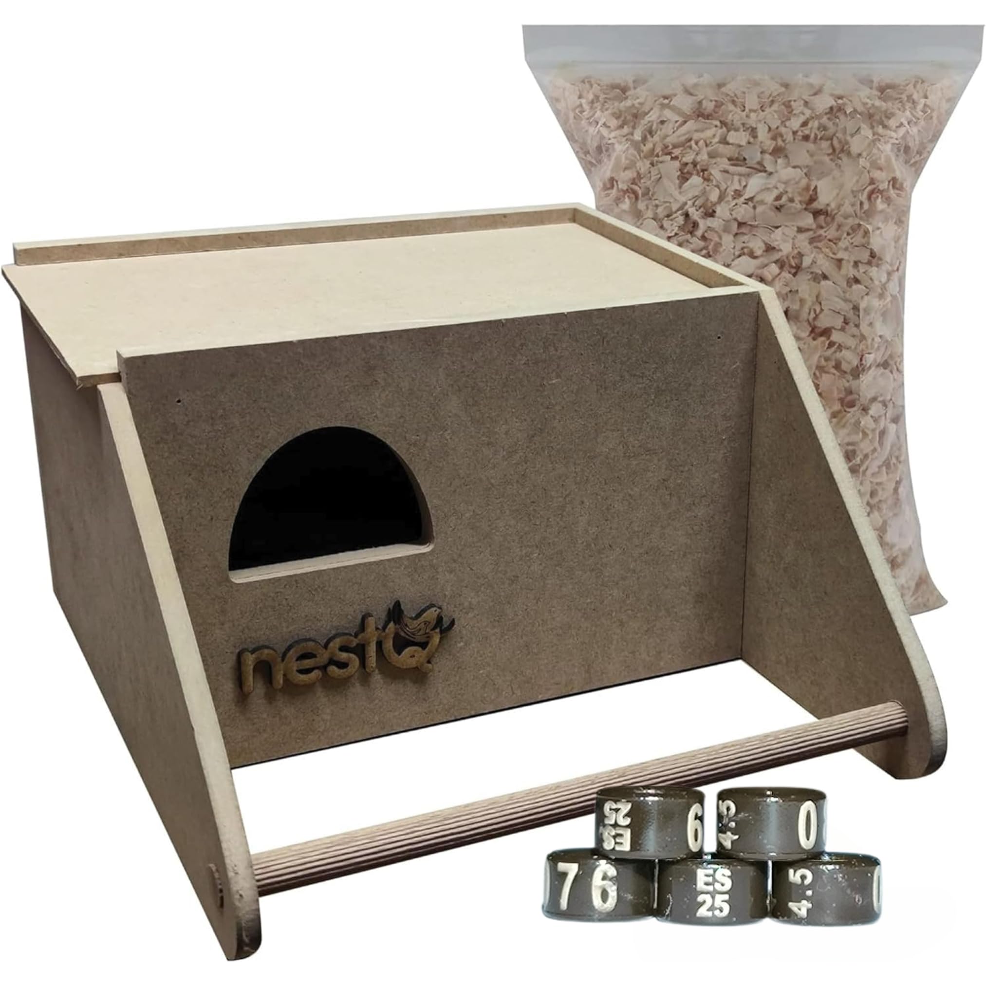 Nido para Agapornis Iseparables, Periquitos Grande con Anillas de 2025 y Viruta para la Cama, Casita de Cría de Madera Interior para Pájaros, con Enganches para la Jaulas de Aves, 23cm x 27cm x 14cm