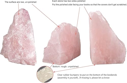 Miniatura 5 de AMOYSTONE Sujetalibros de cuarzo rosa resistente, organizador de estante de piedra natural con base antideslizante para escritorios y estantes (1