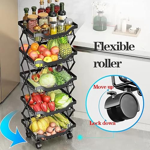 Miniatura 2 de Cesta plegable de almacenamiento de frutas y verduras para cocina, cestas de almacenamiento de alambre de metal con ruedas, carrito utilitario