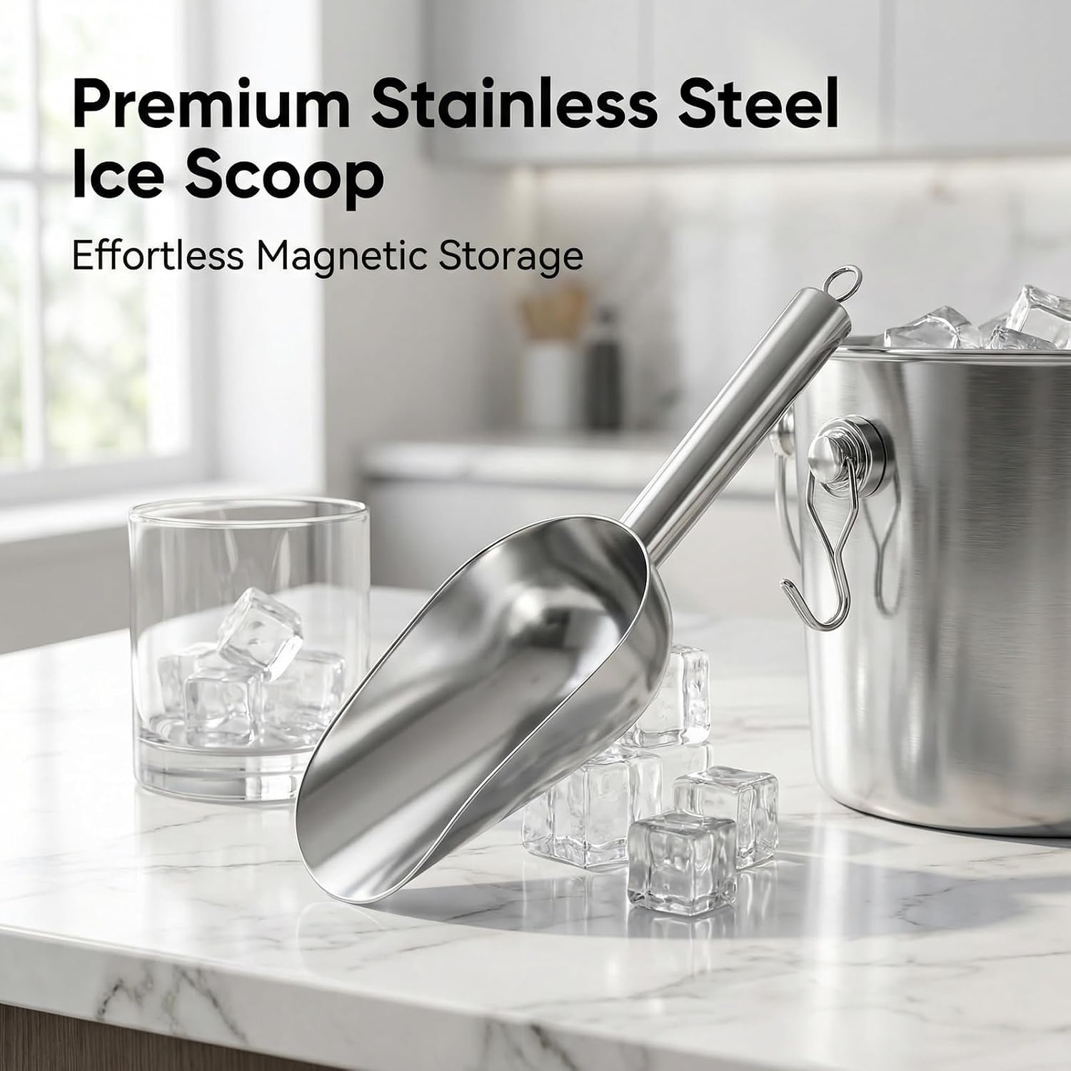 8 Oz Stainless Steel Ice Scoop with Metal Magnetic Hook, Multipurpose Kitchen Scooper for Ice Cubes, Pet Food, Dry Goods, Easy-Hang Design (Silver)