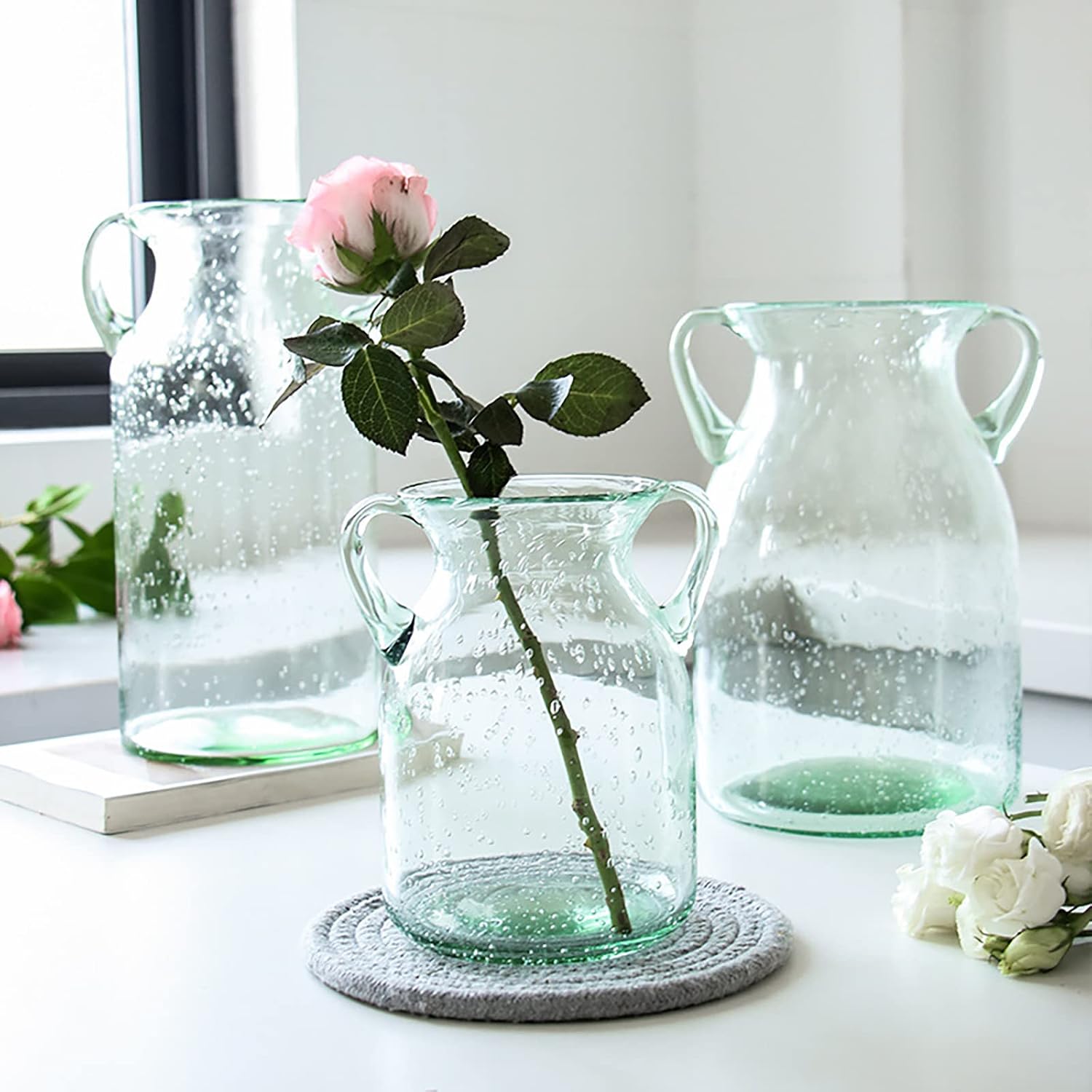 Glass Vase Flowers for Decoration, Double Ear Flower Vase for Centerpieces, Modern Flower Vase Decorative Vase Flower Arranging Vase for Dining Room Bedroom Decor(M- Green)