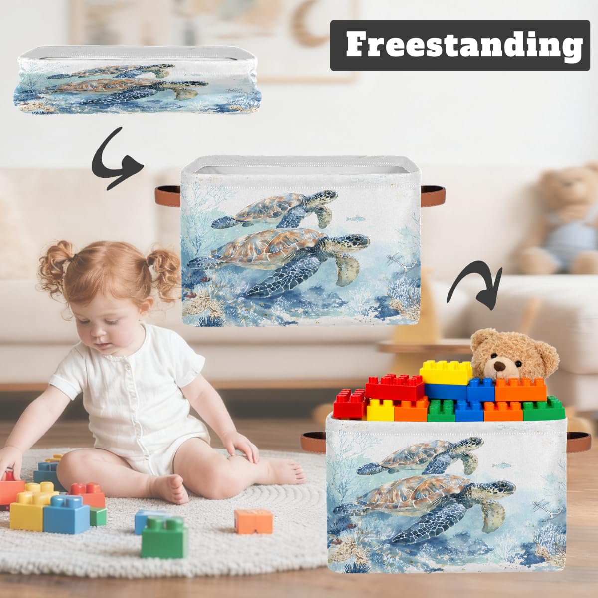 Rechteckiger Aufbewahrungskorb mit Ledergriffen, Vintage-Stil, Aquarell-Schildkrötenfisch, 2 Stück, faltbarer Stoff-Aufbewahrungskorb für Schrank, Badezimmer, Wohnzimmer, Büro, Spielzeug