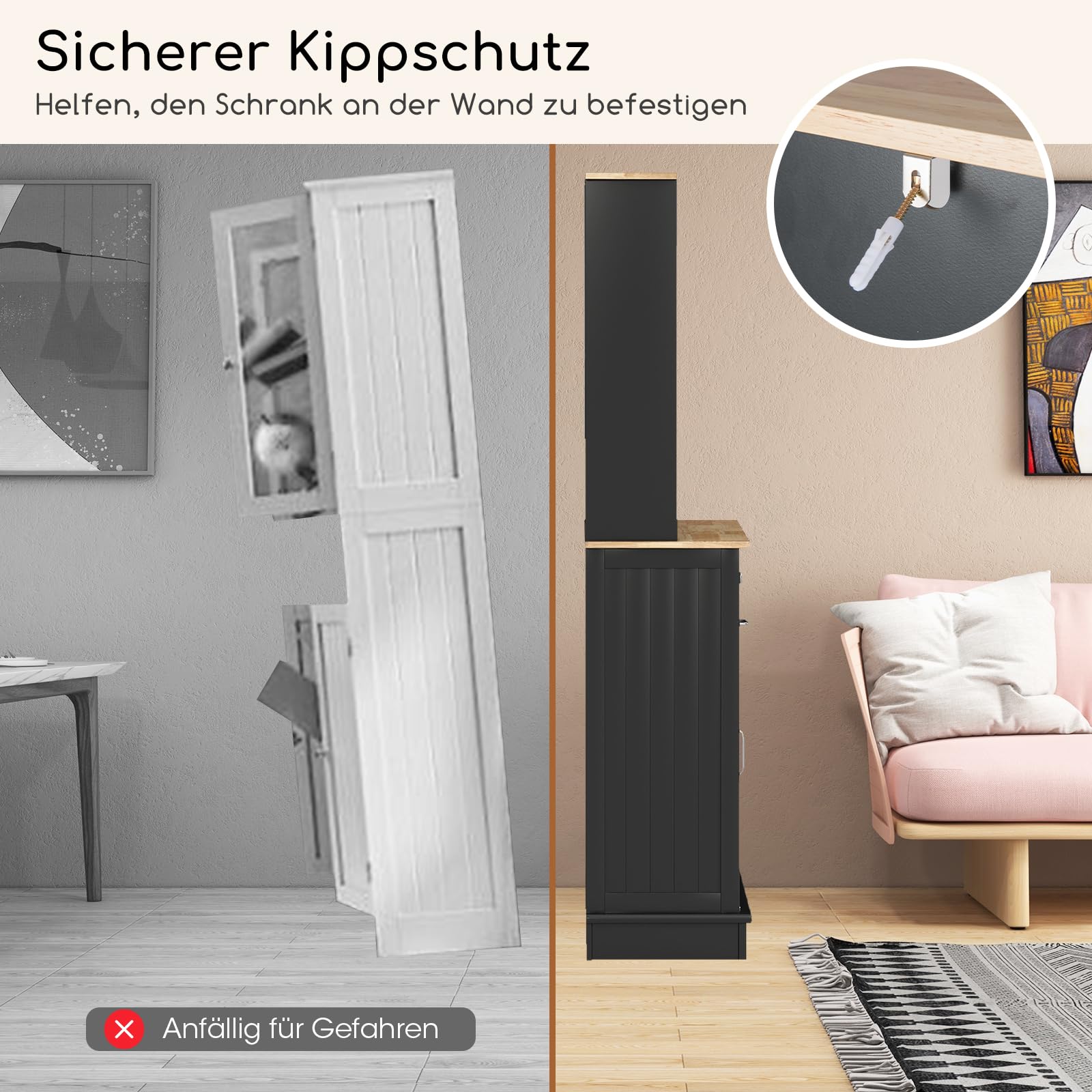 COSTWAY Küchenschrank, für 45 L Mülleimer, Buffetschrank mit Arbeitsplatte & 2 Schubladen & verstellbaren Einlegeböden, Hochschrank Küche für Mikrowelle, Kommode Holz, 100 x 34 x 172 cm (Schwarz)