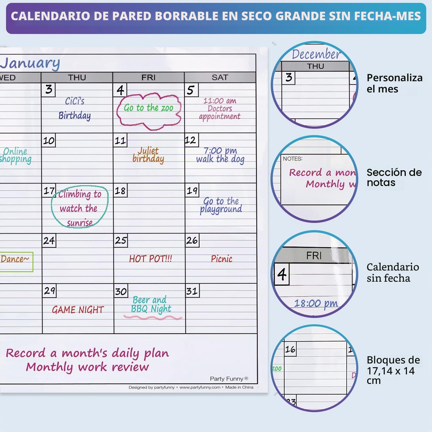 Jumbo laminado mensual de borrado en seco Calendario de pared, 91,44 cm por x48-inch | Pizarra blanca laminada extra grande borrable de un mes, póster gigante de 30 días para oficina y familia