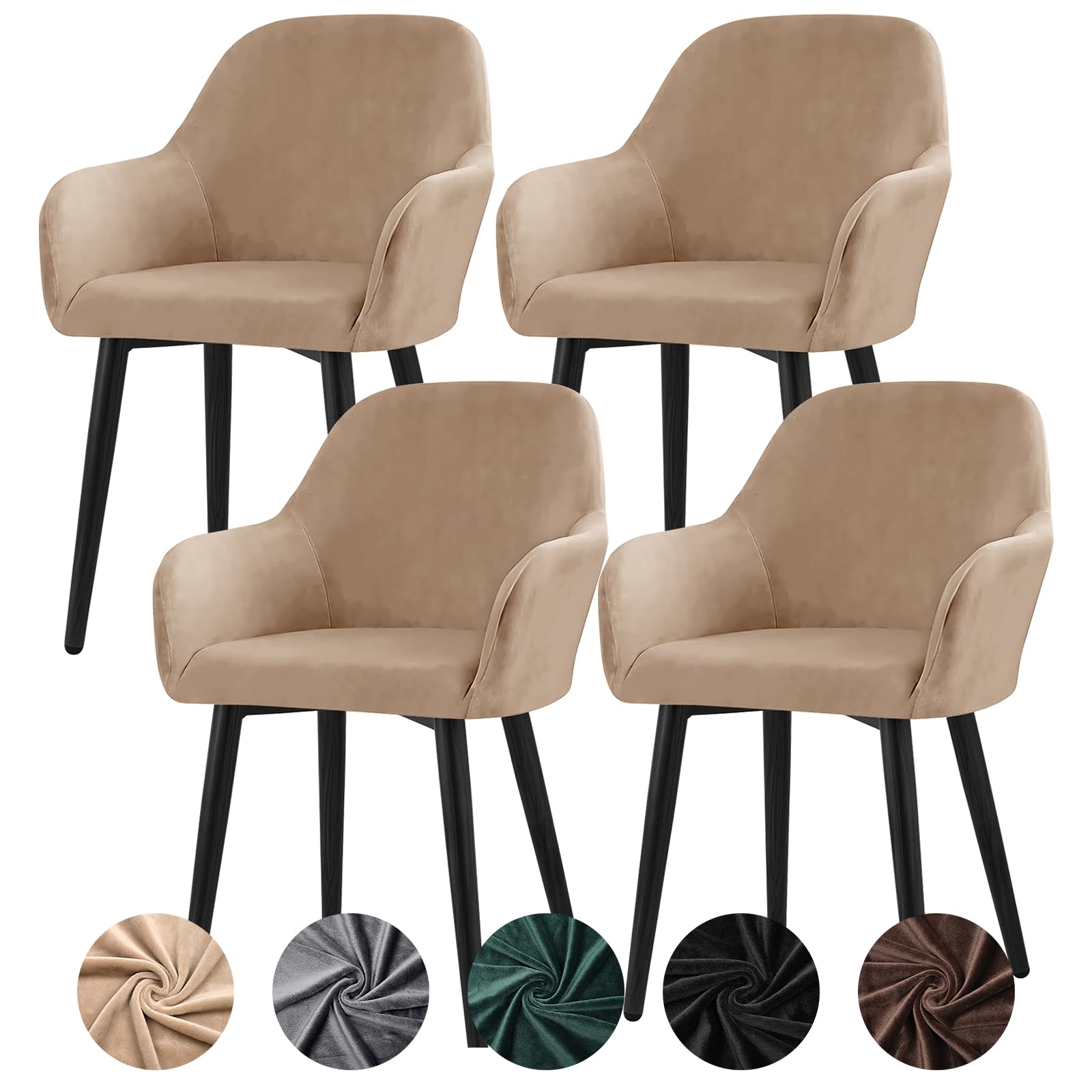 Alishomtll Lot de 4 housses de chaise extensibles en velours universel avec accoudoirs - Détachables et lavables - Pour chaises de salle à manger, cuisine, banquet, mariage et fête (Camel, lot de 4