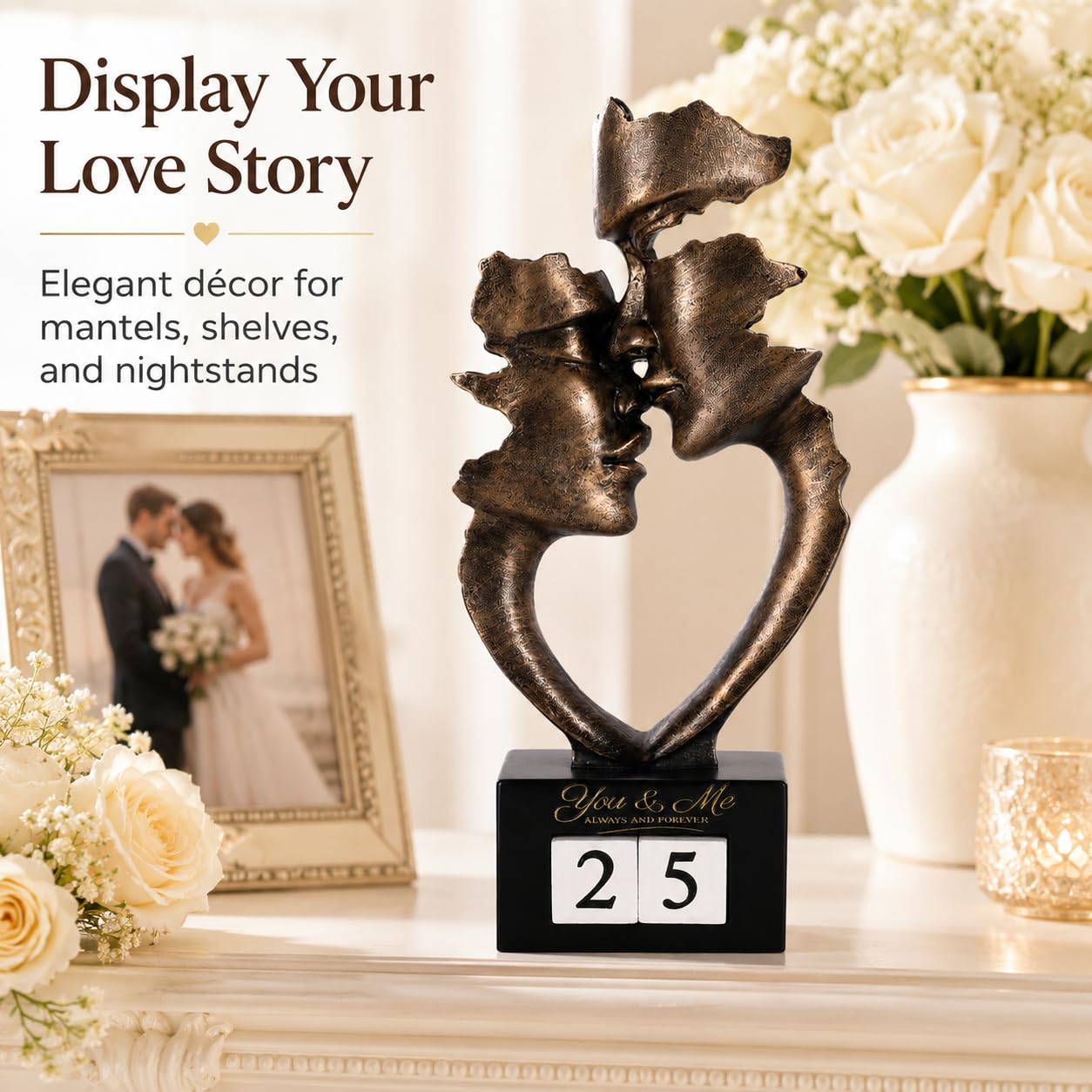 XMGZQ Jahrestagsgeschenke für Ehemann und Ehefrau: Kunstskulptur eines küssenden Paares mit manuellem Jahreszähler (0–99 Jahre), Countdown-Kalenderstatue zum Hochzeitstag (Bronze, 25cm)