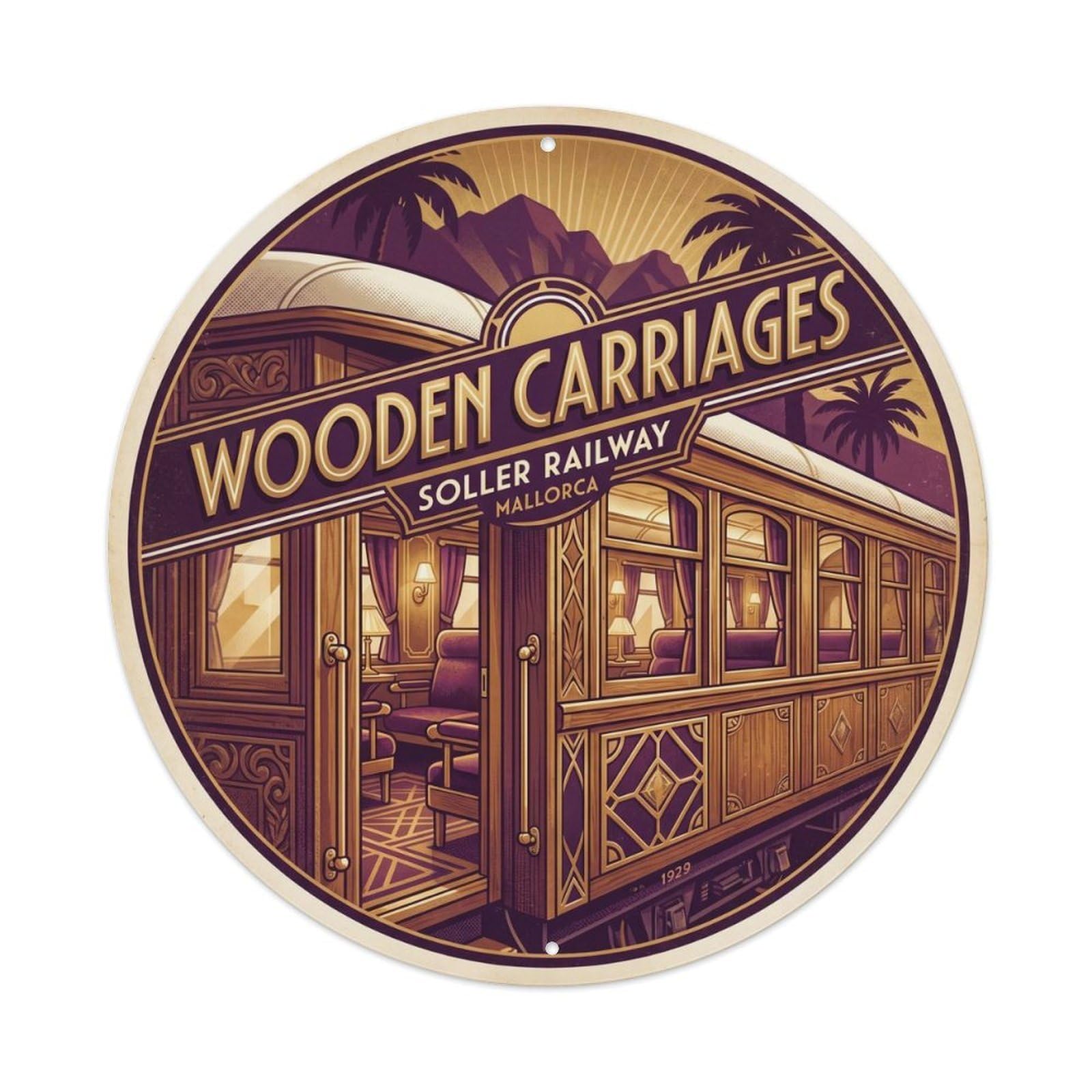 Olyhtr 8X8inch Classic Style Vintage Wooden Railway Carriages Tram Mallorca Metal Tin Sign