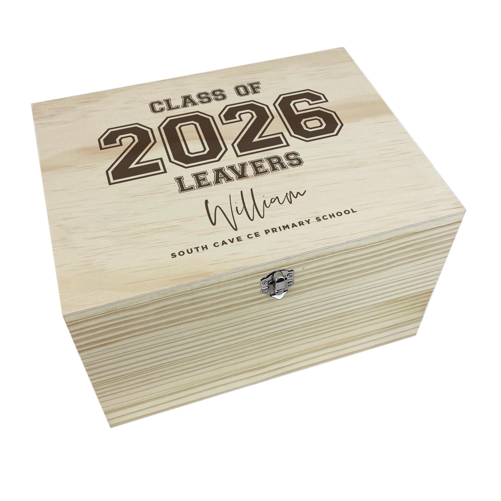 Personalised 'Class Of 2026' Leavers Memory Box | Custom Name & School | Pine Wood Keepsake Box, Metal Clasp | Unique Graduation Gift for Students | W30cm x D23cm x H18cm