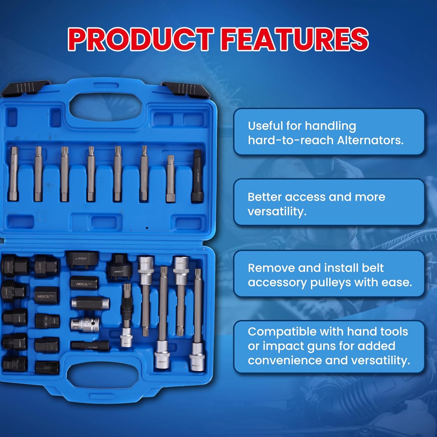 MOCA 30 Pcs Alternator Pulley Remove Install Tool Kit, Clutch Freewheel Removal Socket Bit Set & Garage Service Tool Kit Compatible with VW Audi BMW Ford Benz Toyota Buick Cadillac and More Vehicle