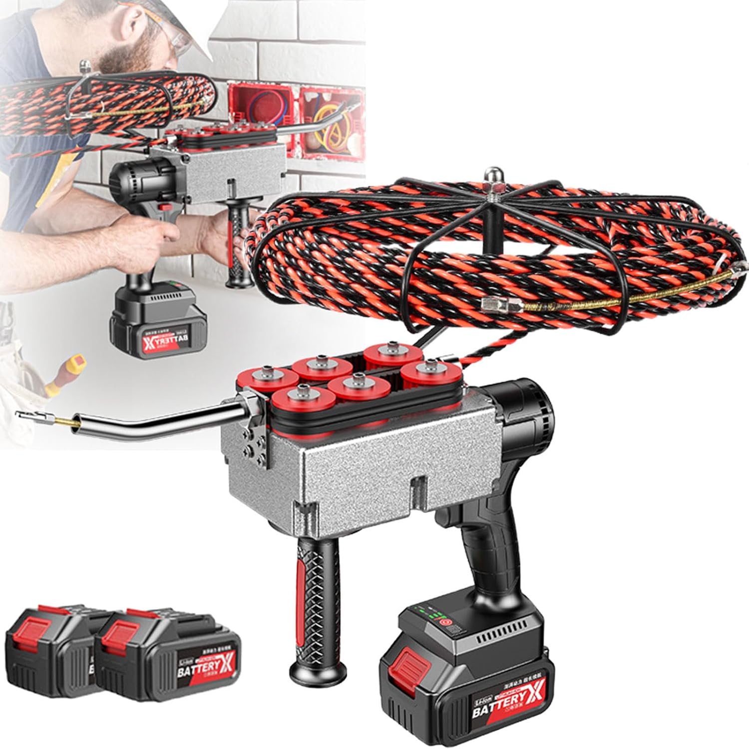 Portable Electric Fish Tape,Electrician Wall Wiring Machine,Cordless Electric Wire Puller,50M/Min Cordless Stringing Machine,for Construction Hydropower, 2 Battery