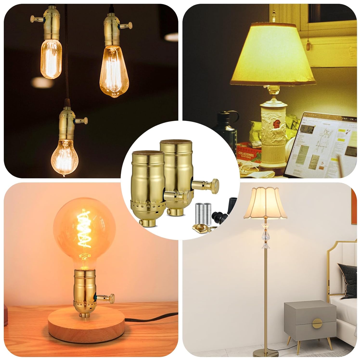 Full Range Dimmer Lamp Socket, Dimmable Lamp Switch Replacement, Vintage E26 Light Bulb Socket with Dimming Switch Knob for Table Floor Light, UL (2, Gold Color)
