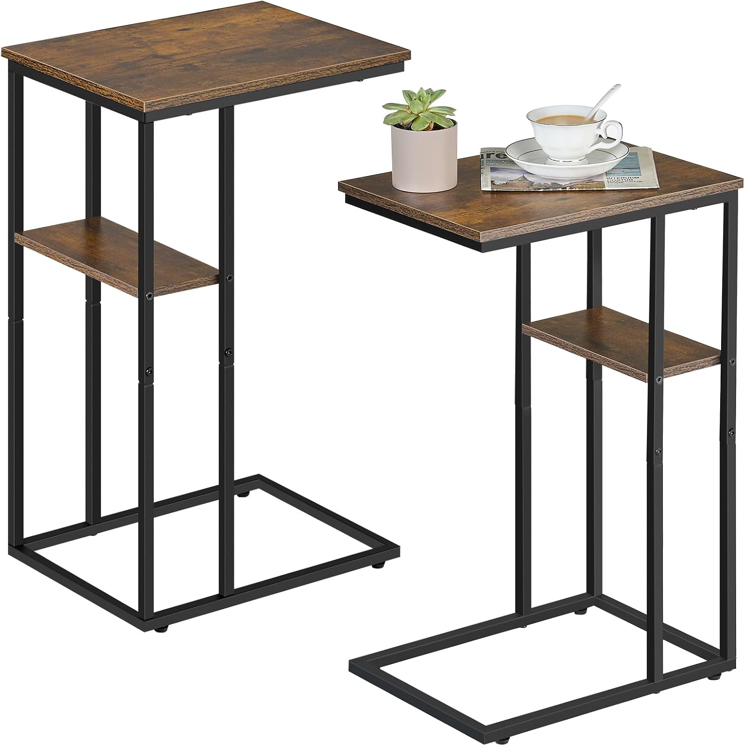 C Shaped End Table Set of 2, Rustic Wood and Metal Frame C Table, Double Layer Side Tables for Living Room, Bedroom, Small Spaces