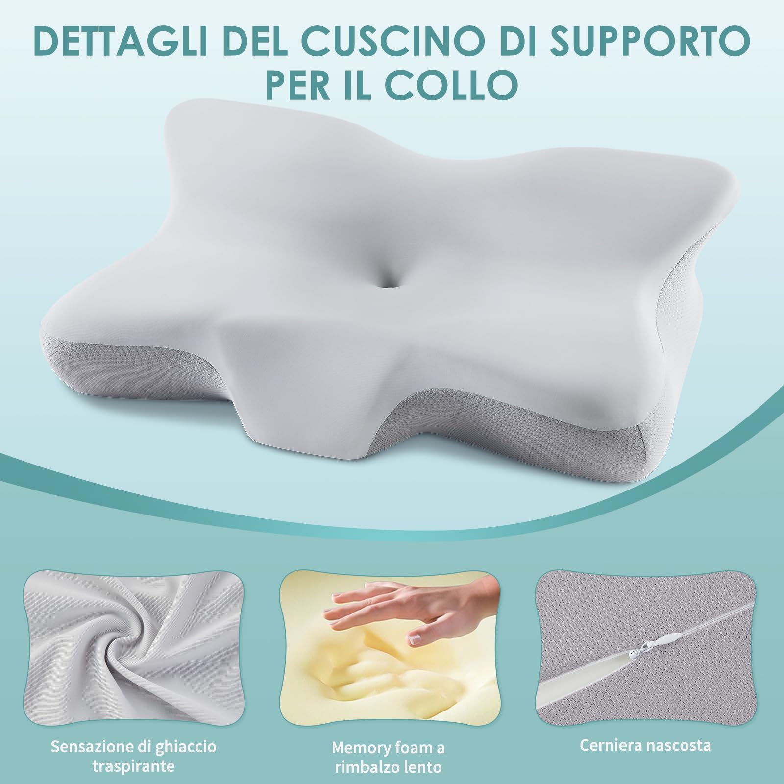 Cuscino Cervicale per Dormire,Cuscino Ergonomico Memory Foam Cervicale,Cuscino Posturale Antirussamento,Adatto a Chi Dorme sul Fianco,Sulla Schiena o Sullo Stomaco,Federa Rimovibile