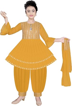Indian Kids Traditional Ethnic Girls Kurta Patiyala Dhoti Dress Set, Cotton Fabric, Size 2 Years to 14 Years