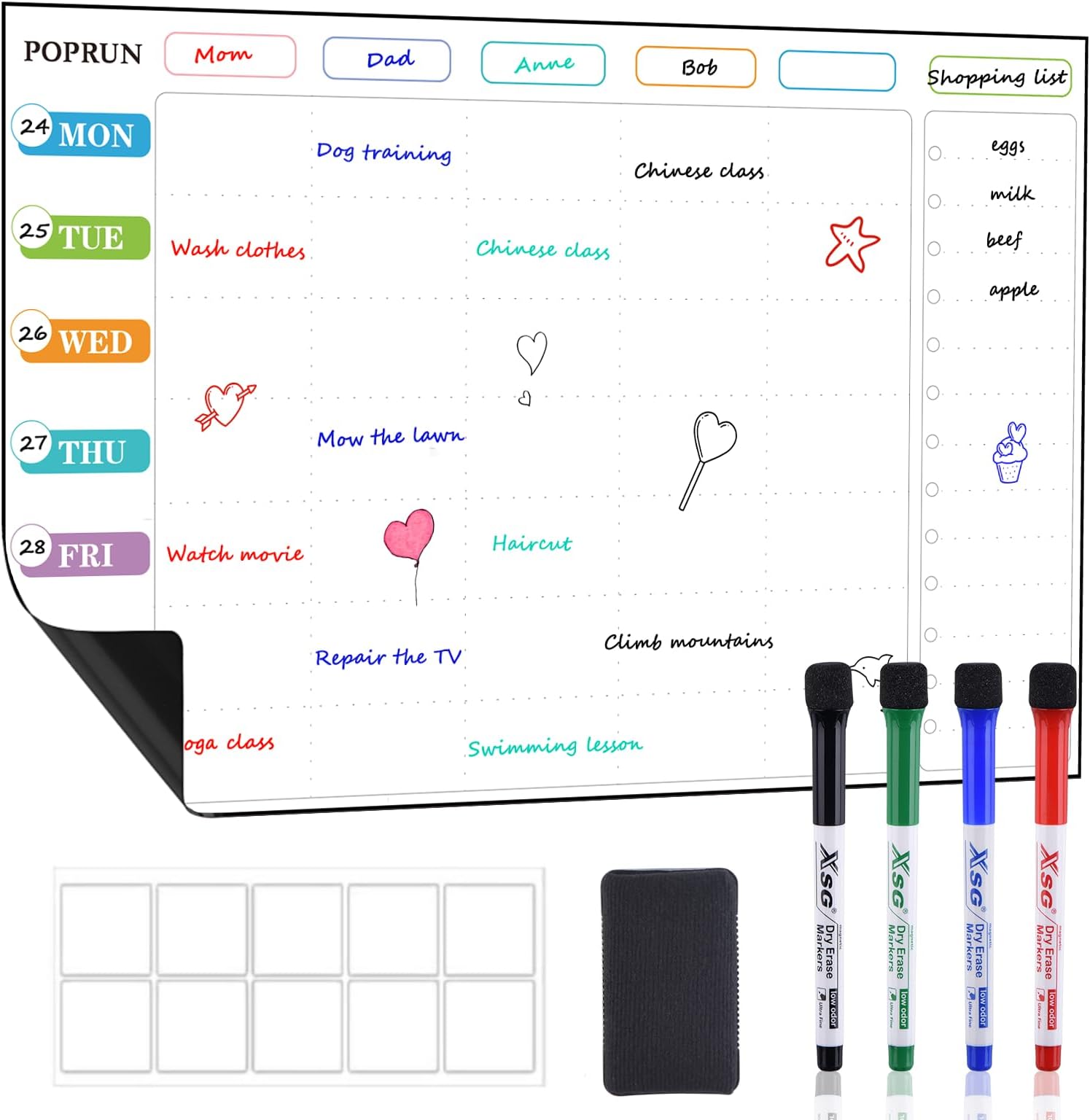 POPRUN Magnetic Weekly Family Planner Whiteboard Calendar for Fridge, A3 Meal Planner Board,Chores Chart for Family and Kids, Fridge Calendar Monday to Sunday, Dry Erase Board for Menu,Memo 43 x 28 cm