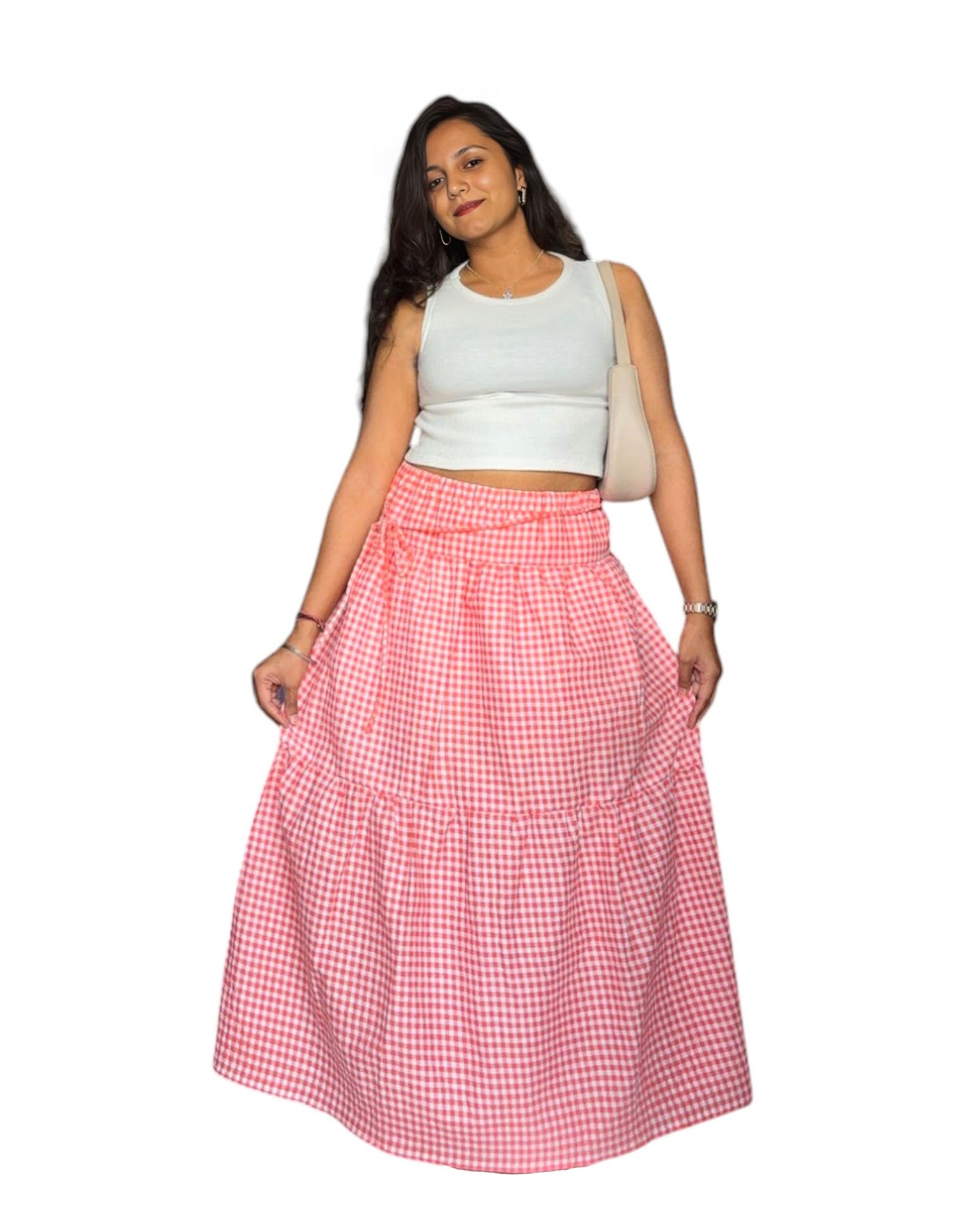 Buy Women's Orange Check Maxi Skirt, High Waist, Summer
