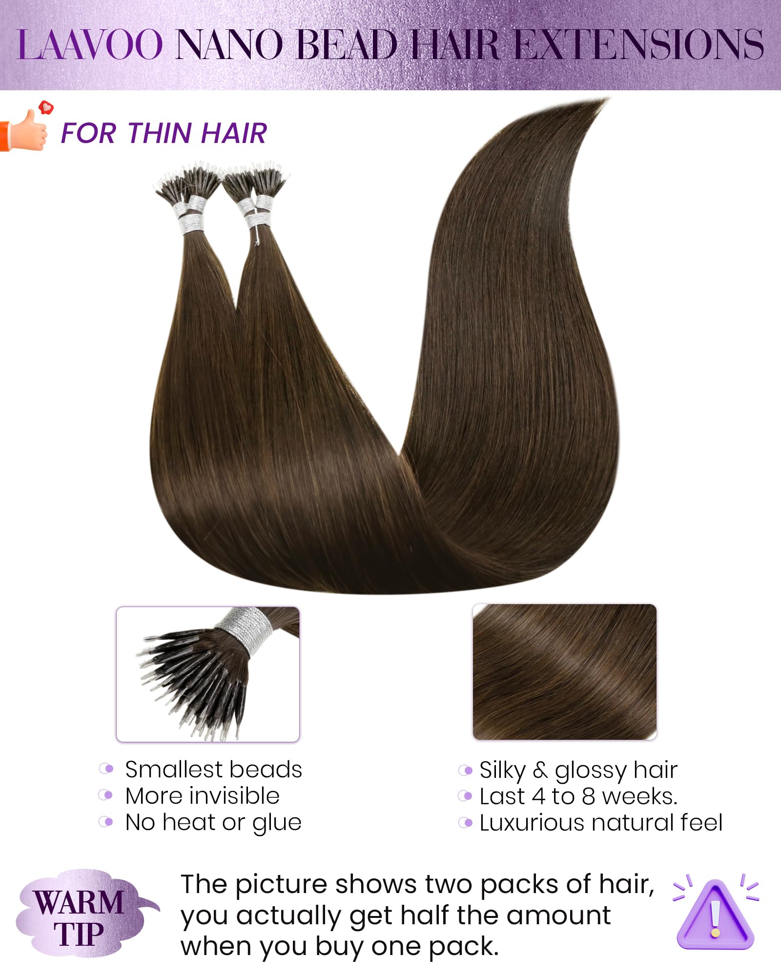 LaaVoo Nano Hair Extensions Real Human Hair 100g Full Head Nano Beads Hair Extensions Dark Brown Invisible Nano Ring Straight Remy Hair 100s 16 Inch #4 - Image 2