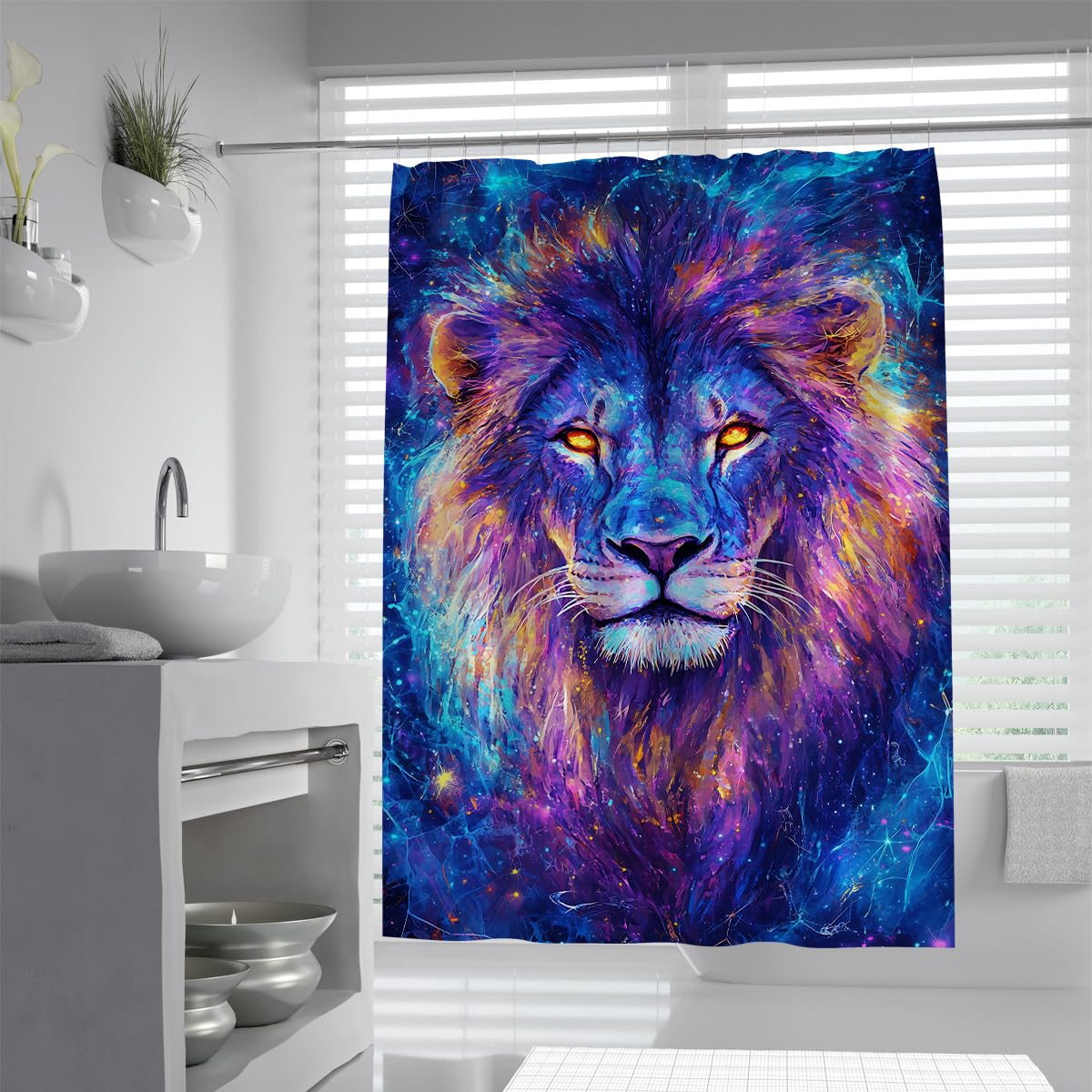 UIRINGART Nebula Lion Shower Curtain W120xL180cm Cosmic Galaxy Wildlife Print Polyester Anti-mould Lightweight Machine Washable Hotel Bath Curtain with Hooks