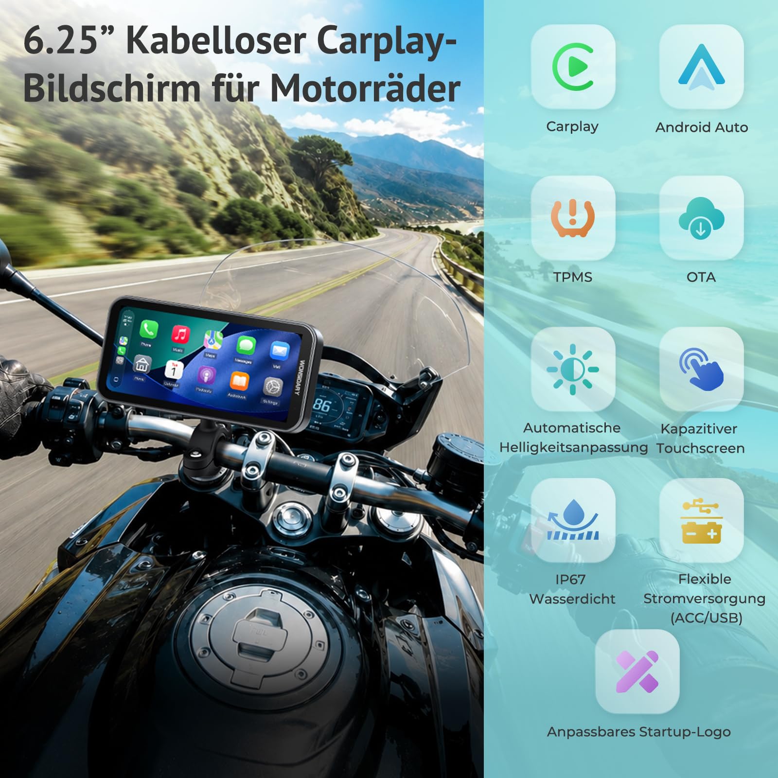 Motorrad CarPlay Display mit TPMS, Android Auto & Wasserdicht | 6,25 Zoll Motorrad Navi mit Lichtsensor, Dual-Bluetooth, OTA Updates, USB und ACC Anschluss für Motorradtouren