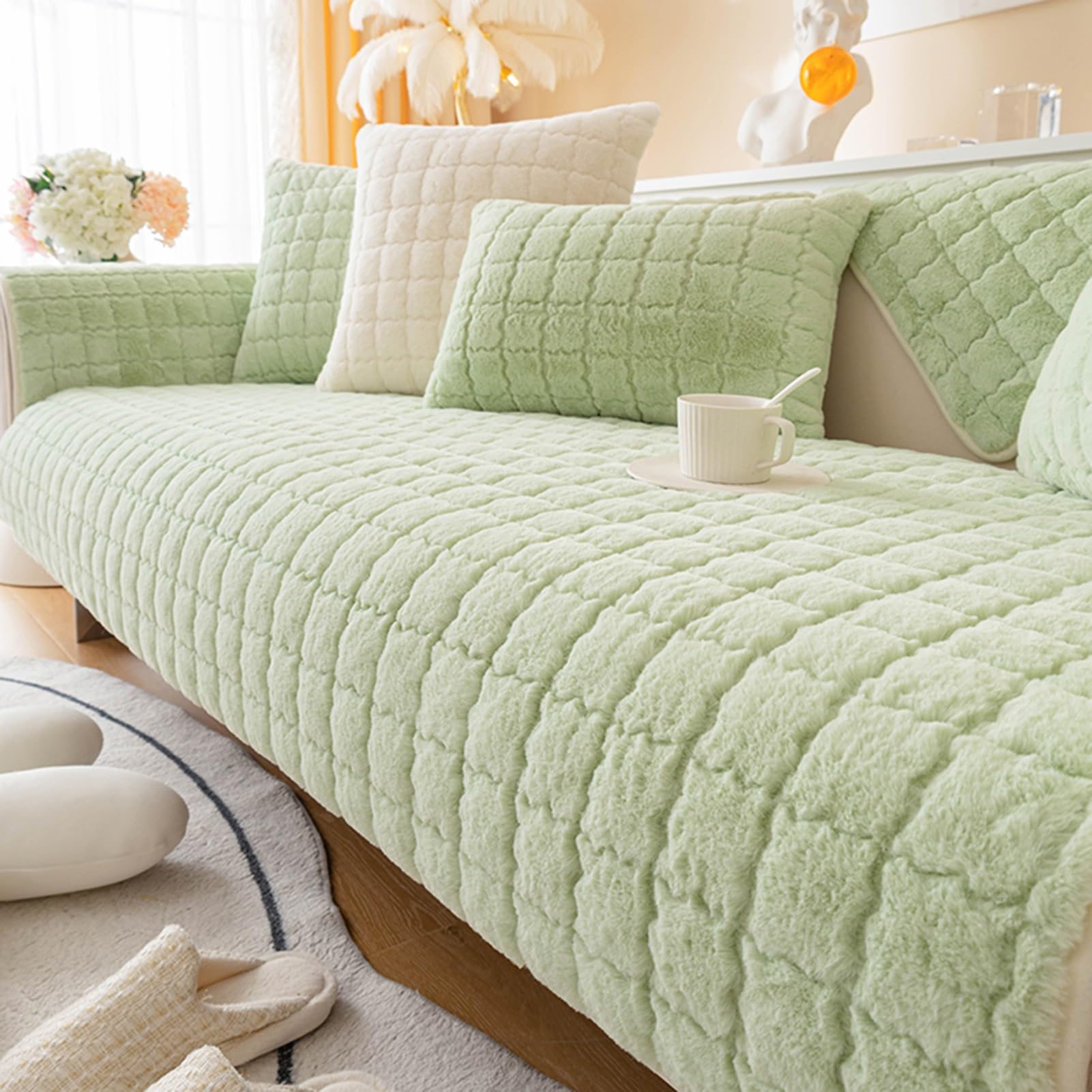 Thickening Combination sofa cushion European style Rabbit plush fabric Seat cushion cover Sofa protectors cover (Color : Green, Size : 70x210cm)