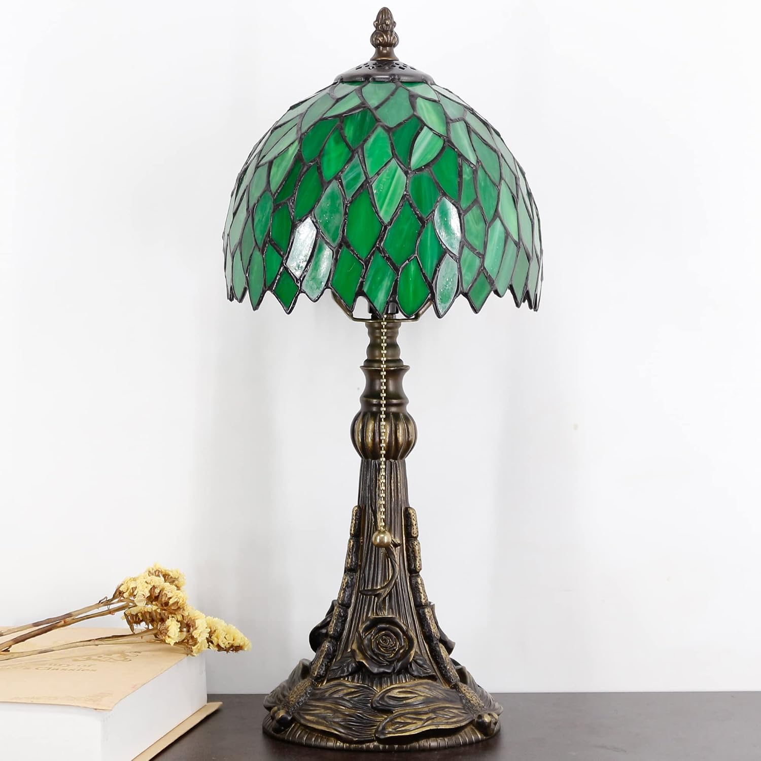Small Tiffany Lamp Mini Stained Glass Desk Lamp Vintage Table Lamp Tiffany Style Night Light 8X17.5 Inch (Green Wisteria Leaves Style)