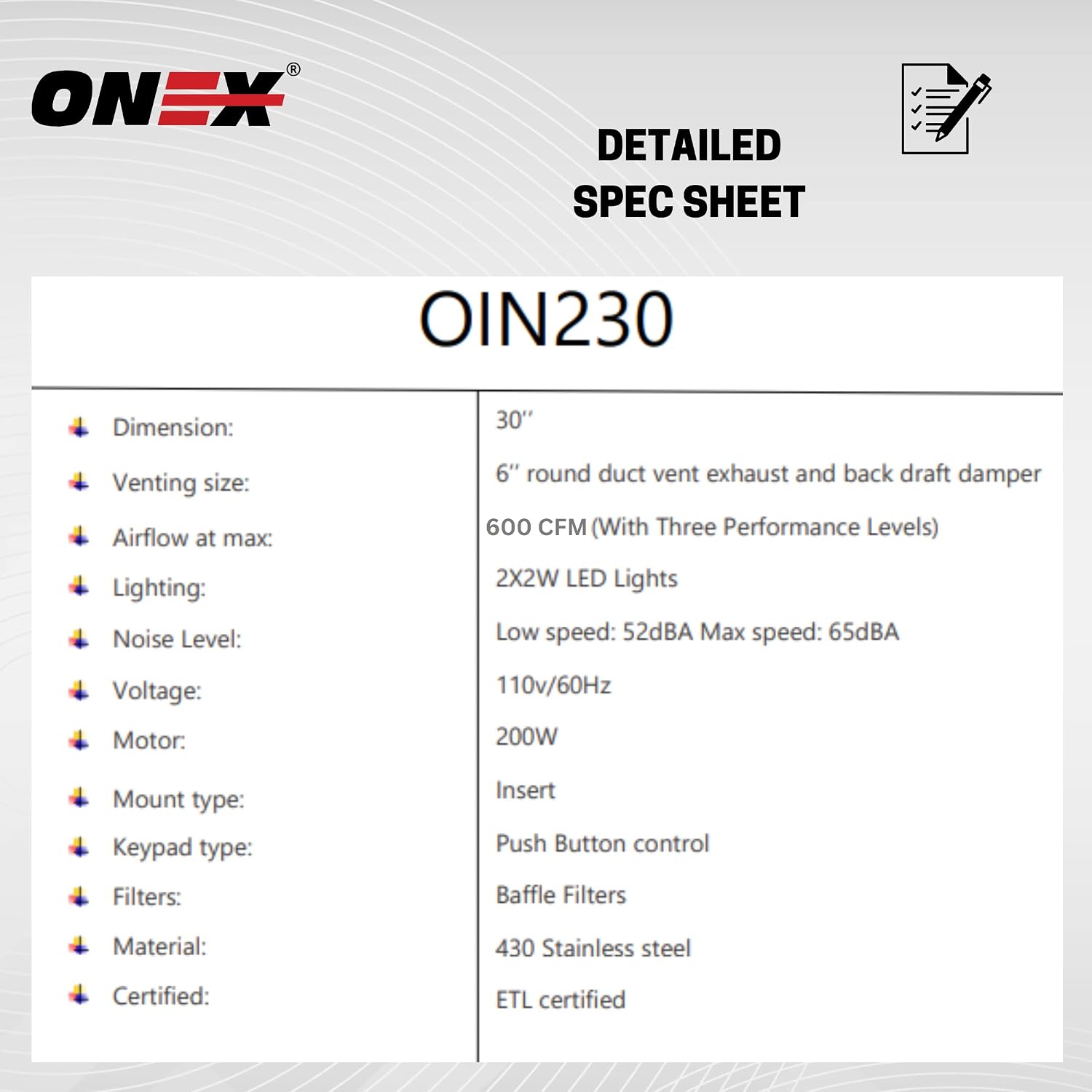 ONEX® - OIN230-30" Built-In/Insert Stainless Steel Telescopic Range Hood, 600 CFM, 2 LED Lights, 2 Baffle Filters, 3 Speed, Easy to install