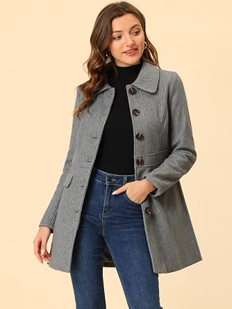 Allegra K Women Winter Peter Pan Collar Button Front Overcoat