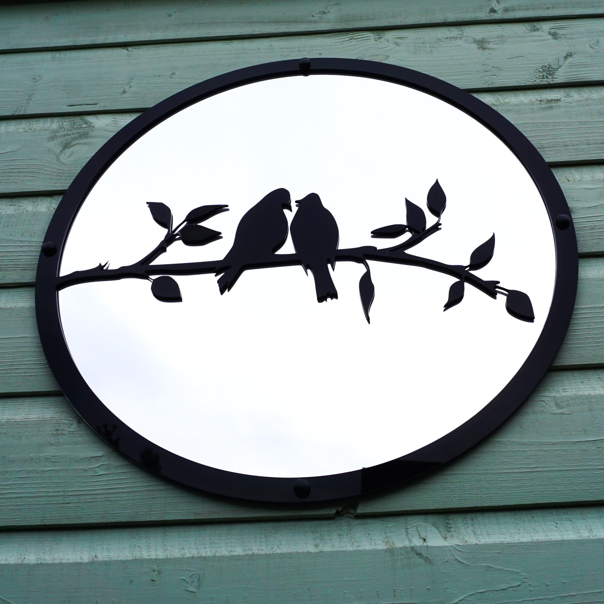 Sun Catcher Garden Decor Two Little Birds Garden Mirror Range of Sizes Round Mirror Outside Rust Resistant Acrylic Fixings Included Gift (33cm / 13 inch) - Image 2