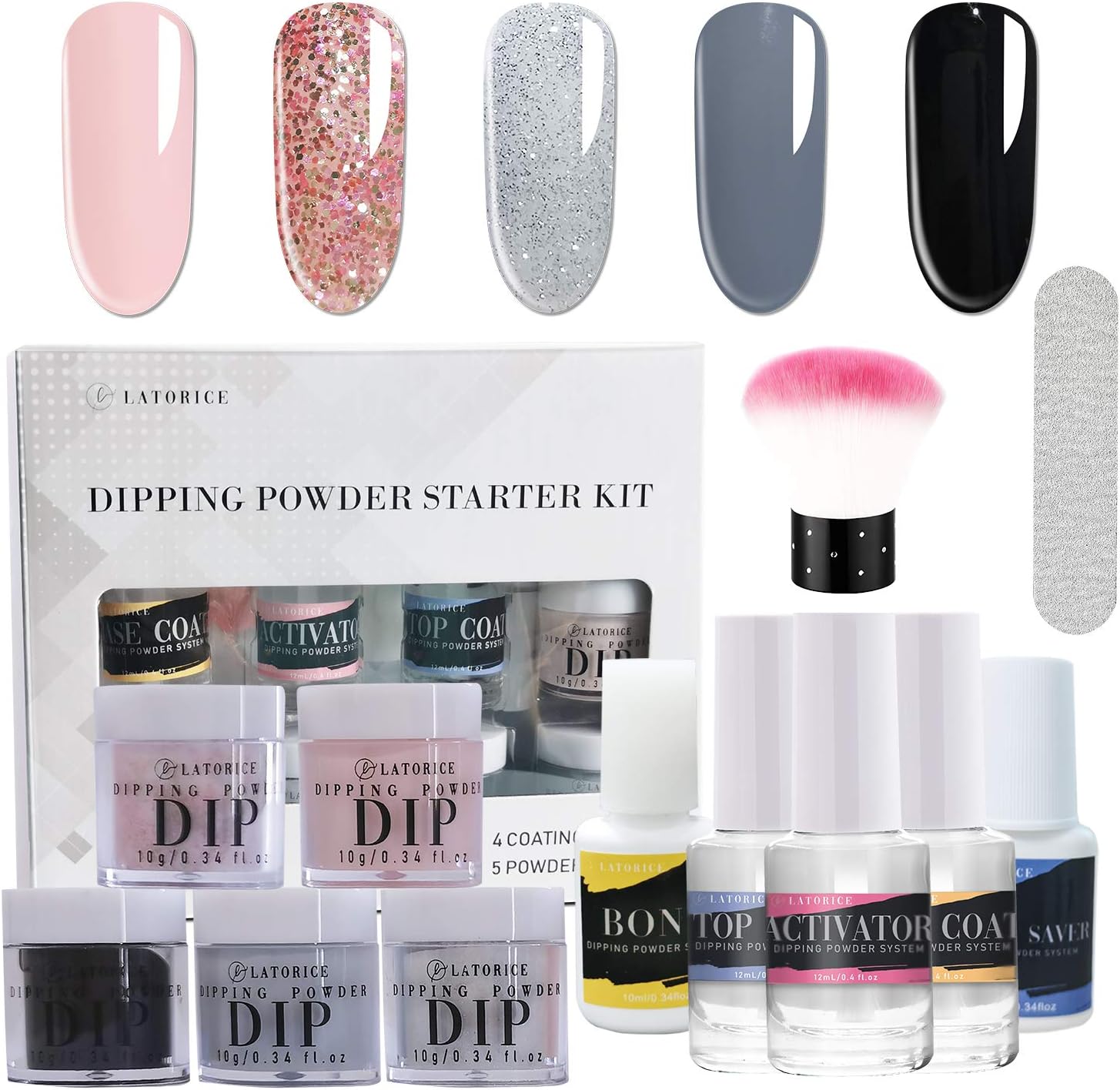 Latorice Dipping Powder Nail starter Kit of 5 color for French Nail Manicure Nail Art Set Essential Kit, 5pc Dipping Powder, 3pc 12ML Liquid, No UV Lamp,Easy to Apply