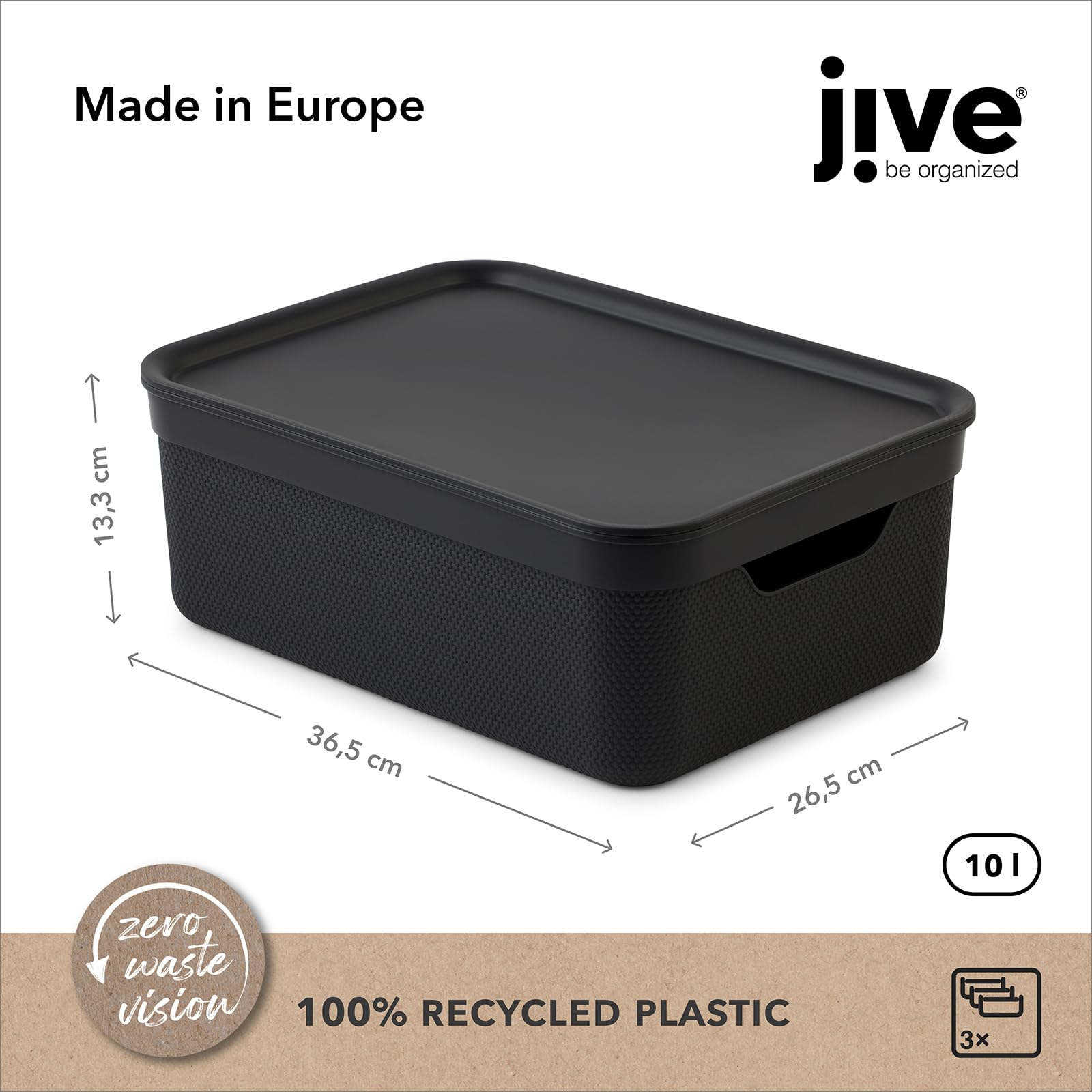Rotho Jive 3er-Set Aufbewahrungsboxen mit Deckel 10l, A4 | Stapelboxen klein | mit Flechtmuster | modular & stapelbar | pflegeleicht & stabil | schwarz