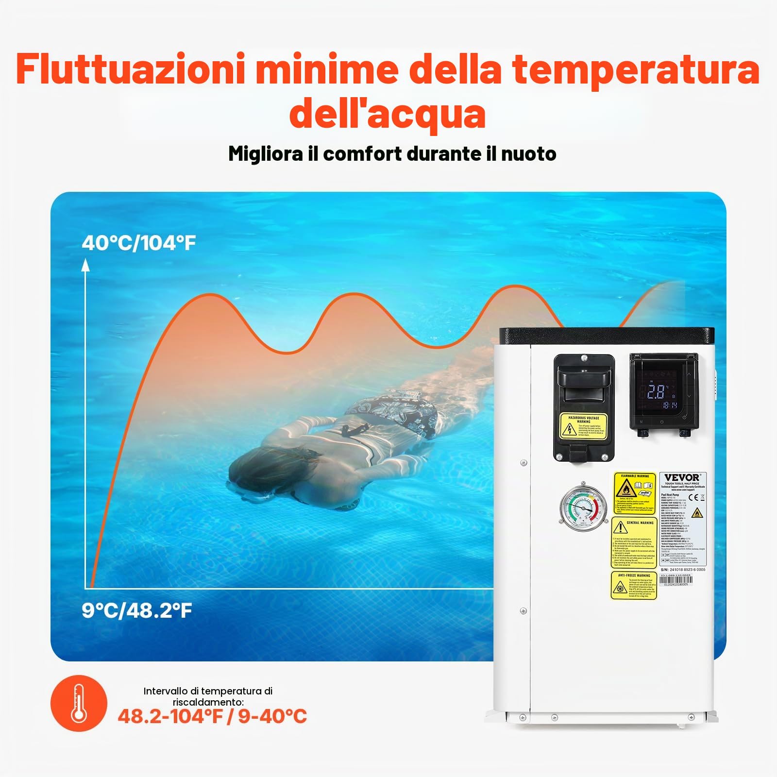 VEVOR Pompa di Calore Elettrica per Piscina, capacità 2,51-11,38 kW, Riscaldatori Frequenza Variabile a Risparmio Energetico Piscine Fuori Terra 25-50 m³, Riscaldamento Scaldabagno AC 220-240 V 50 Hz