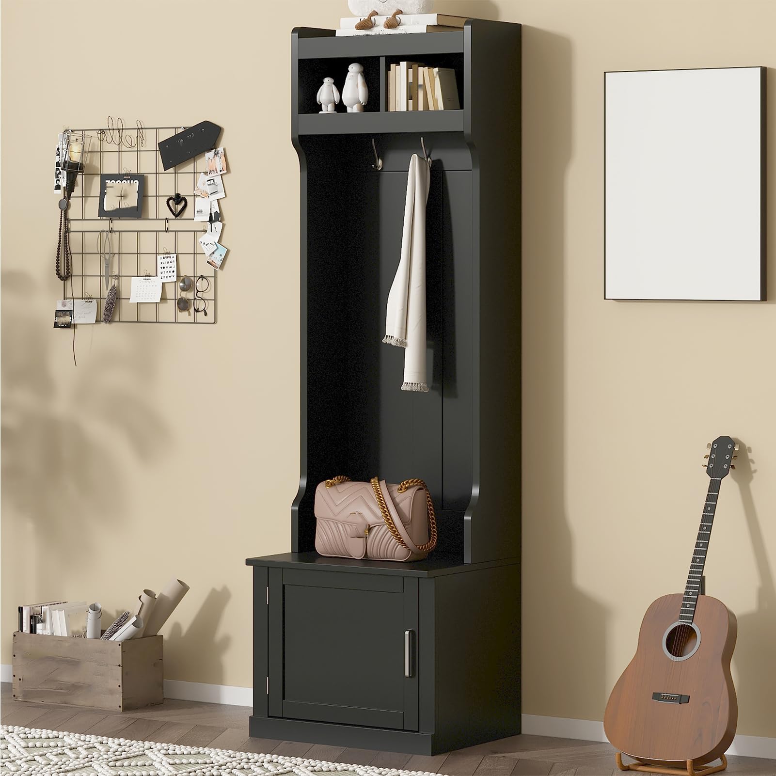 Coat Rack Stand with Storage Shelves and Cabinet Multi-Functional Freestanding Hall Tree with Storage Bench and 6 Hanging Hooks for Entryway Hallway Living Room, Black