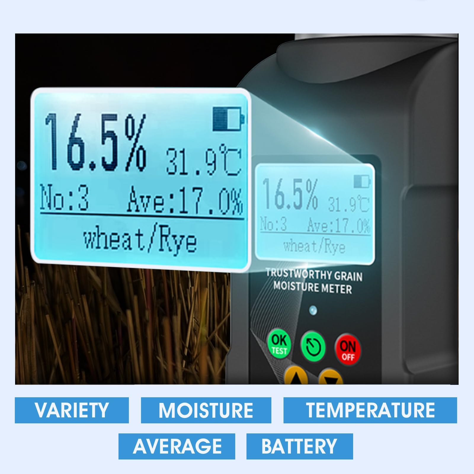 Misuratore di umidità portatile per cereali (40 tipi di cereali) Misuratore di umidità per cereali Uscita vocale multilingue, display LCD e memorizzazione dei dati. Adatto per colture quali mais