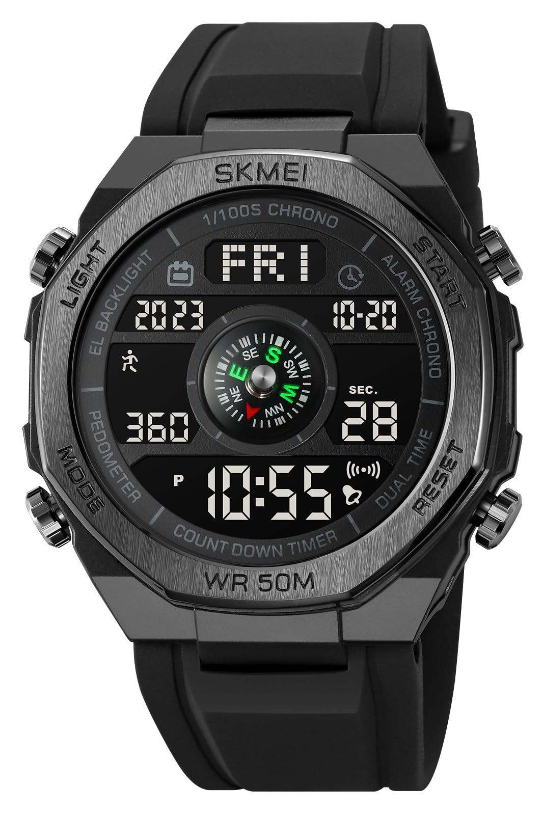 FANMIS Men Pedometer Watches Military Multifunctional 50M Waterproof Digital Outdoor Sports Watch, C Black Black-image-45